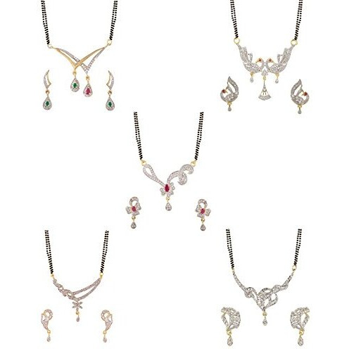 ZENEME White American Diamond Combo Of 4 Mangalsutra With Earrings Set For Women (Design-9)