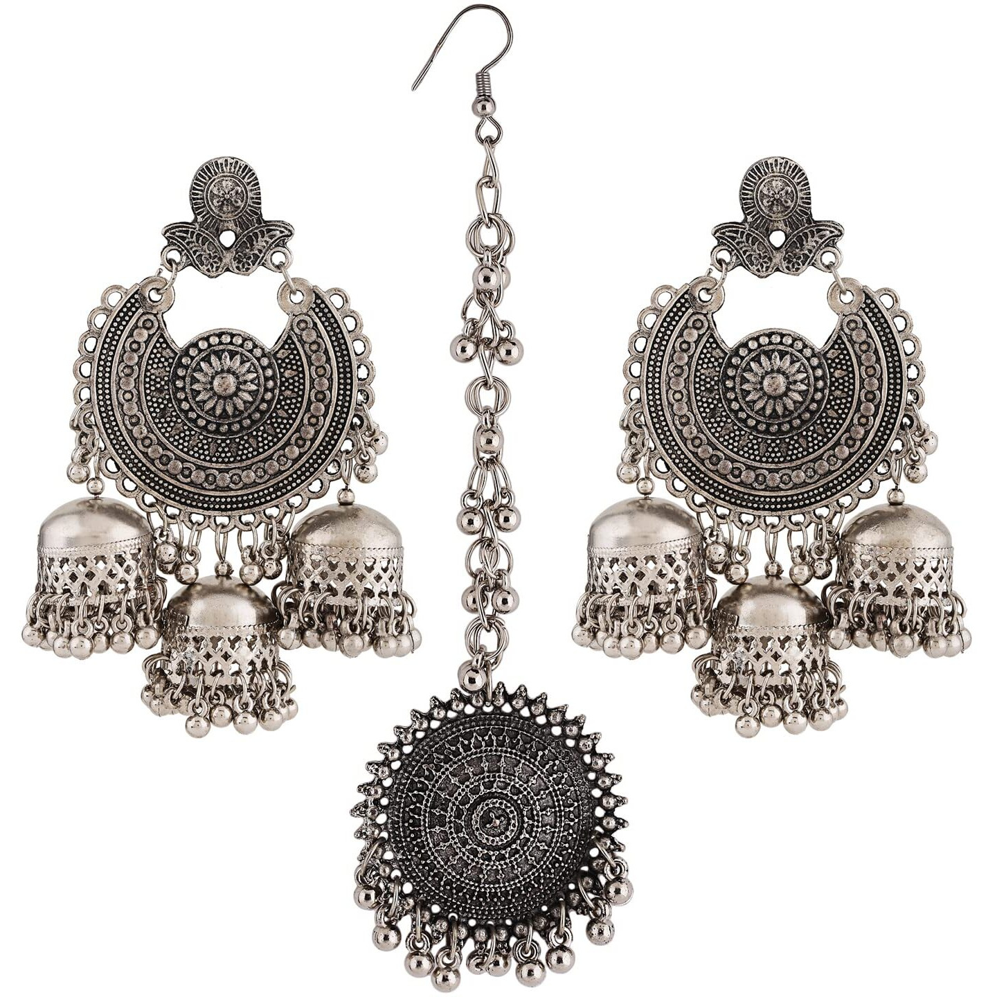 Shining Diva Fashion Latest Oxidised Silver Antique Design Stylish Traditional Maang Tikka Jhumka Earrings Jewellery Set for Women (Silver) (12033s)