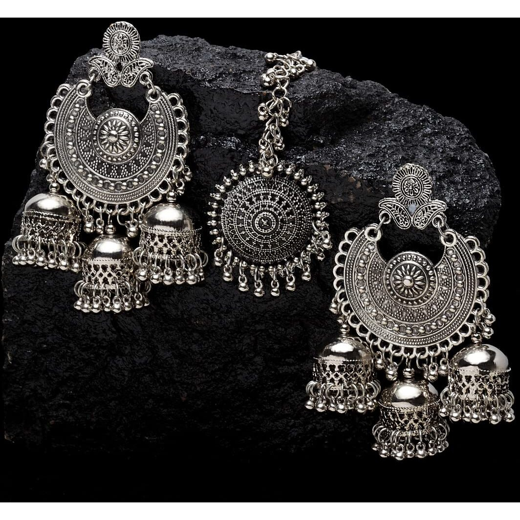 Shining Diva Fashion Latest Oxidised Silver Antique Design Stylish Traditional Maang Tikka Jhumka Earrings Jewellery Set for Women (Silver) (12033s)