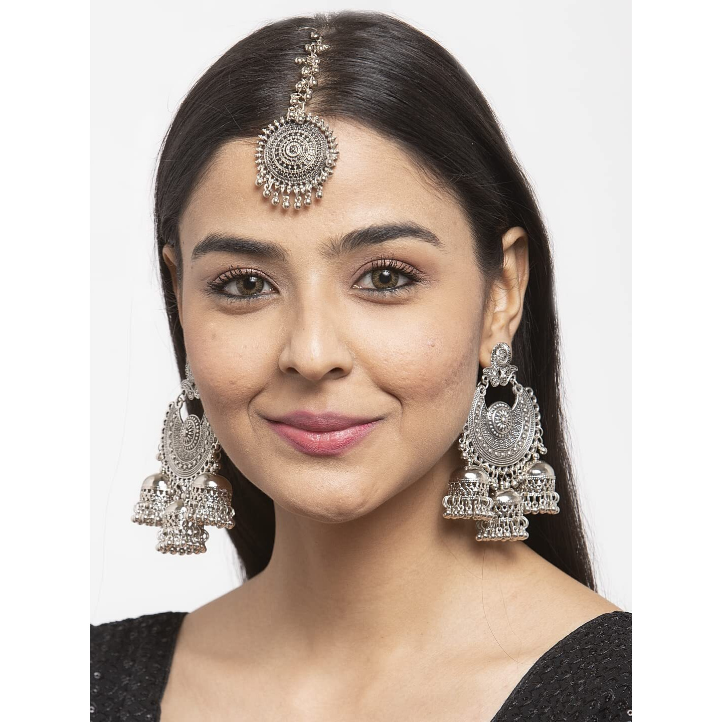 Shining Diva Fashion Latest Oxidised Silver Antique Design Stylish Traditional Maang Tikka Jhumka Earrings Jewellery Set for Women (Silver) (12033s)