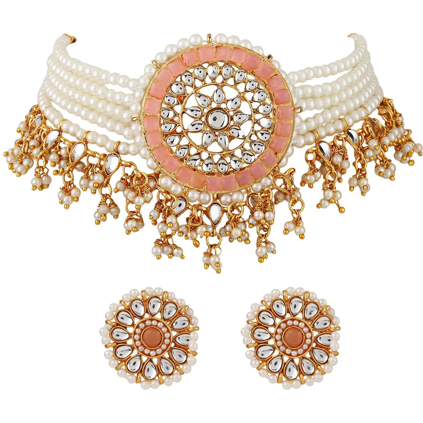 Shining Diva Fashion Latest Stylish Choker Traditional Pearl Kundan Necklace Jewellery Set for Women (Pink)(12818s), One