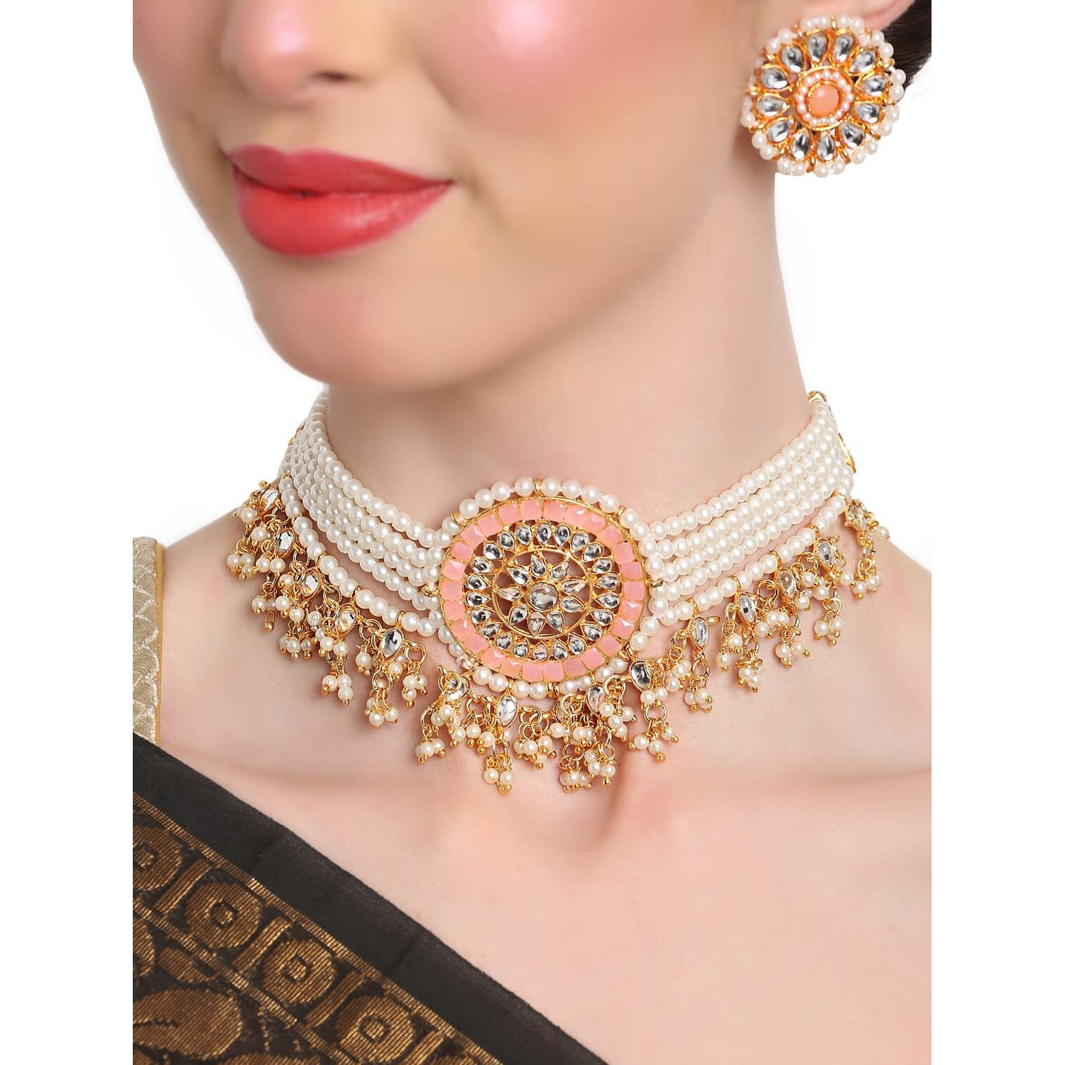 Shining Diva Fashion Latest Stylish Choker Traditional Pearl Kundan Necklace Jewellery Set for Women (Pink)(12818s), One
