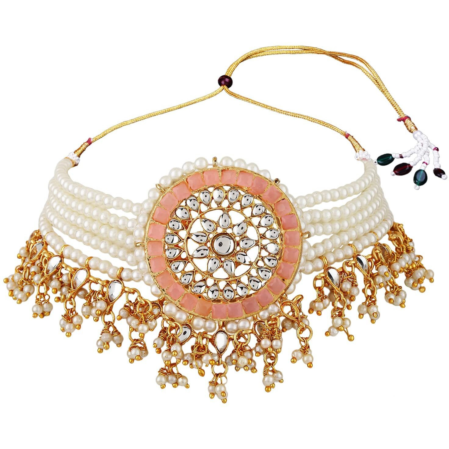 Shining Diva Fashion Latest Stylish Choker Traditional Pearl Kundan Necklace Jewellery Set for Women (Pink)(12818s), One