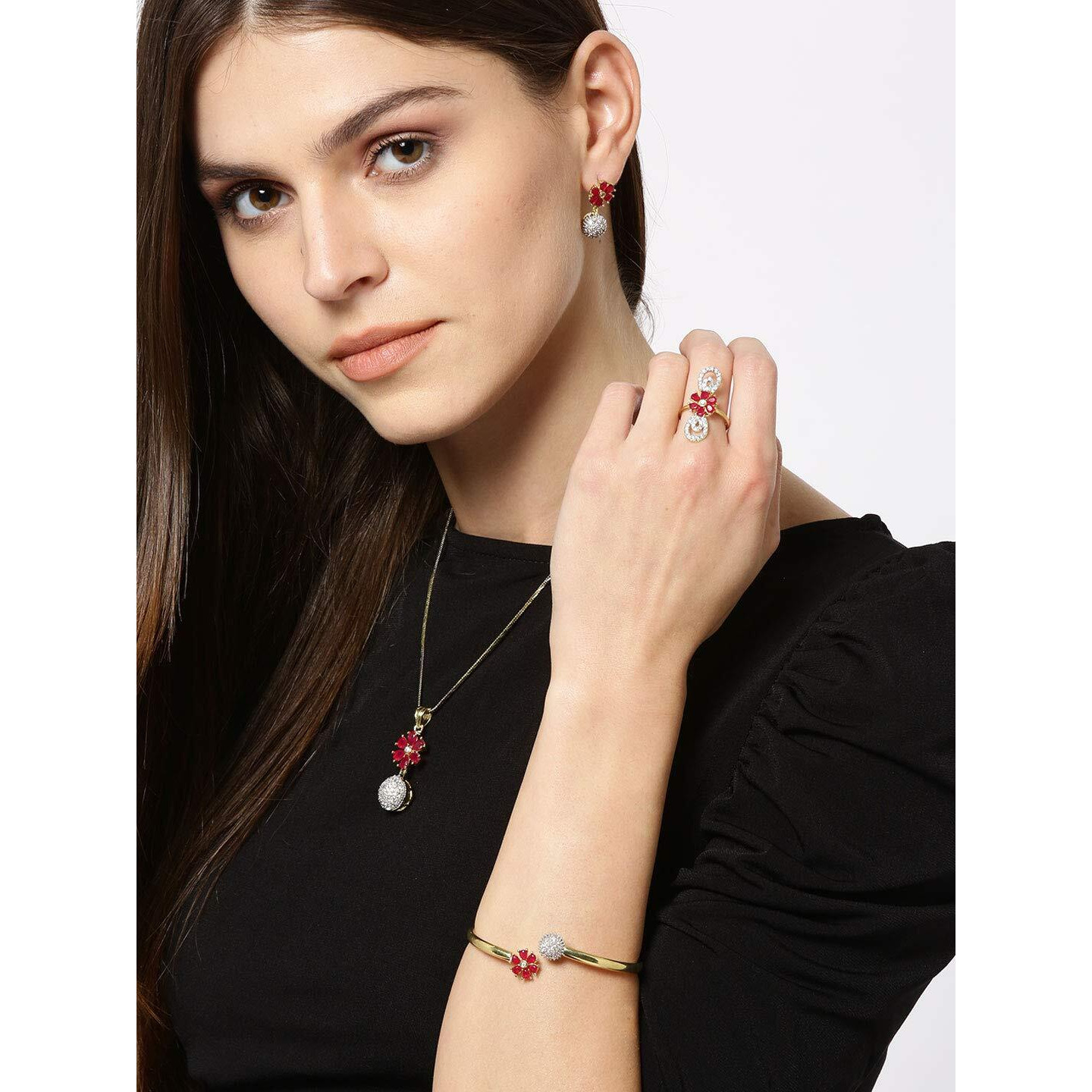 YouBella Jewellery Set for Women Combo of Necklace Set with Earrings, Bracelet and Ring for Girls and Women (Red)
