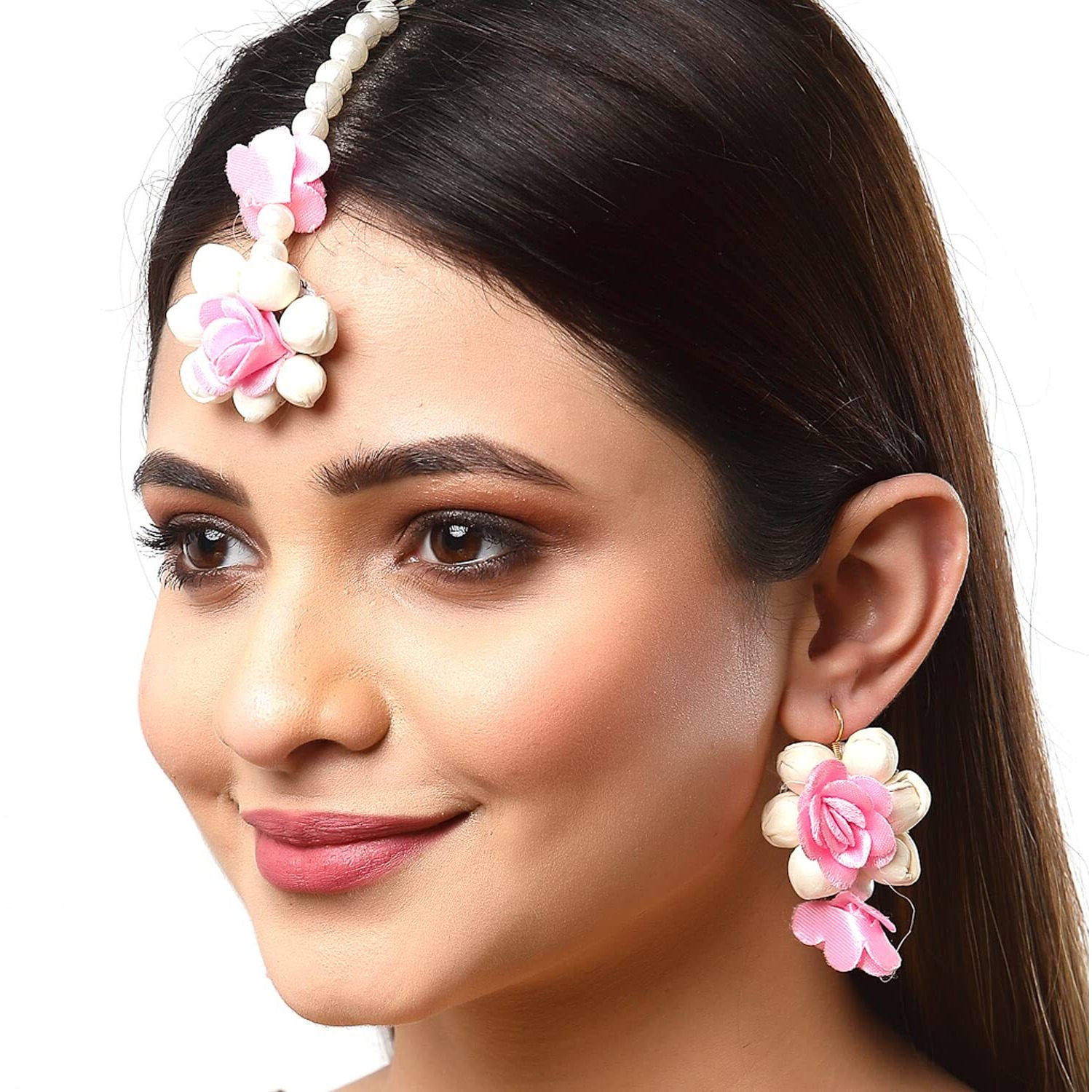 ZENEME Gold-Plated Pearl & Gota Patti Flower Haldi Mehandi MaangTikka with Earrings (Pink White)