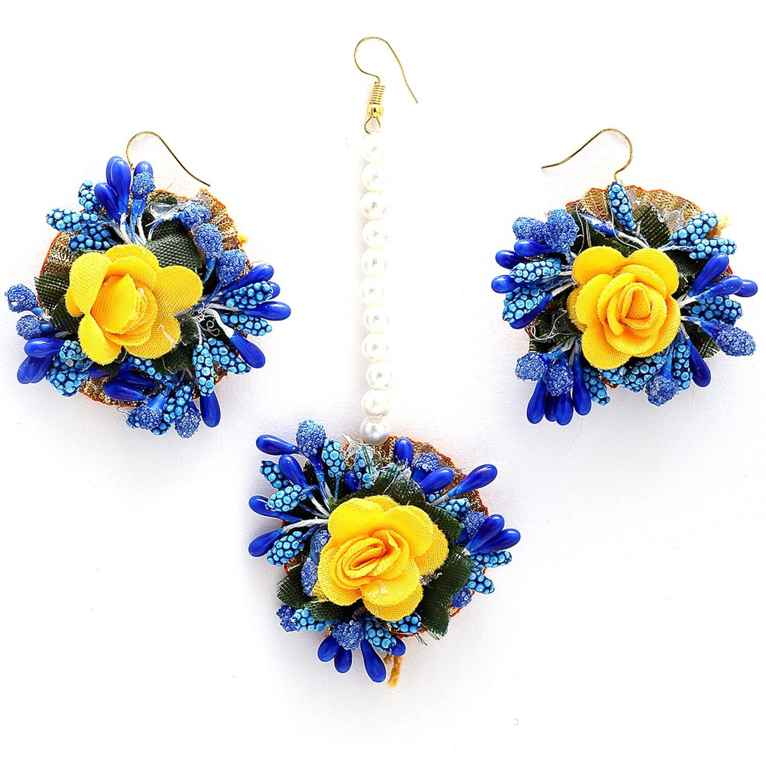 ZENEME Gold-Plated Pearl & Gota Patti Flower Haldi Mehandi MaangTikka with Earrings (Blue Yellow)