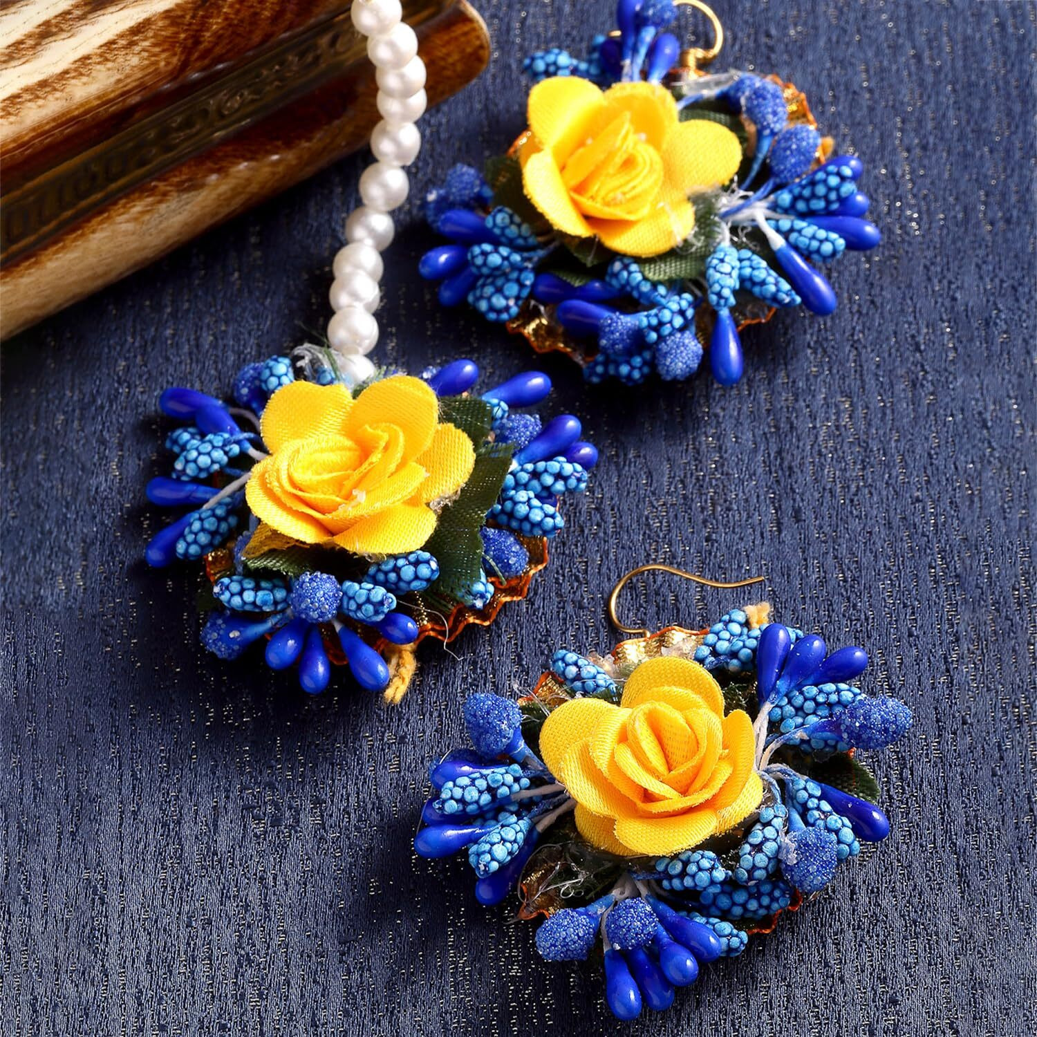 ZENEME Gold-Plated Pearl & Gota Patti Flower Haldi Mehandi MaangTikka with Earrings (Blue Yellow)