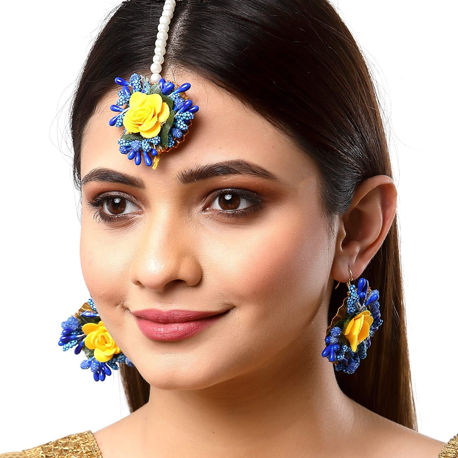ZENEME Gold-Plated Pearl & Gota Patti Flower Haldi Mehandi MaangTikka with Earrings (Blue Yellow)
