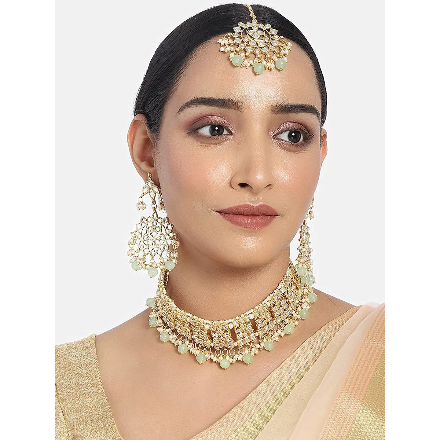 I Jewels Gold Plated Traditional Kundan & Pearl Studded Choker NecklaceJewellery Set with Earrings & Maang Tikka For Women (K7069Min)
