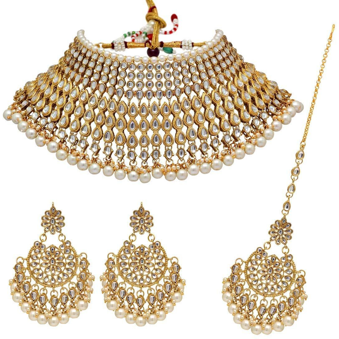 Shining Diva Fashion Latest Kundan Design Bridal Choker Necklace Set for Women Traditional Jewellery Set for Women (White) (10555s)