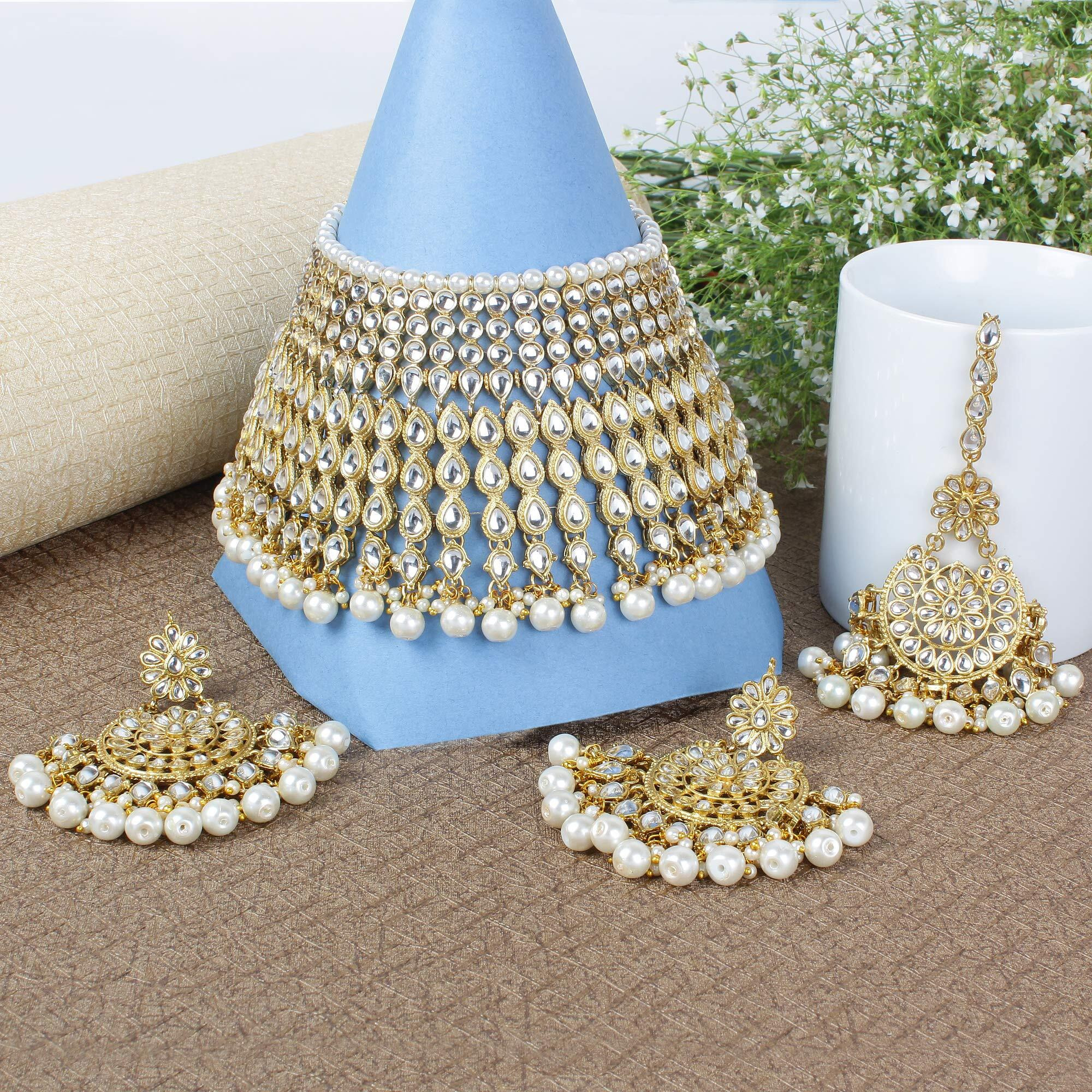 Shining Diva Fashion Latest Kundan Design Bridal Choker Necklace Set for Women Traditional Jewellery Set for Women (White) (10555s)