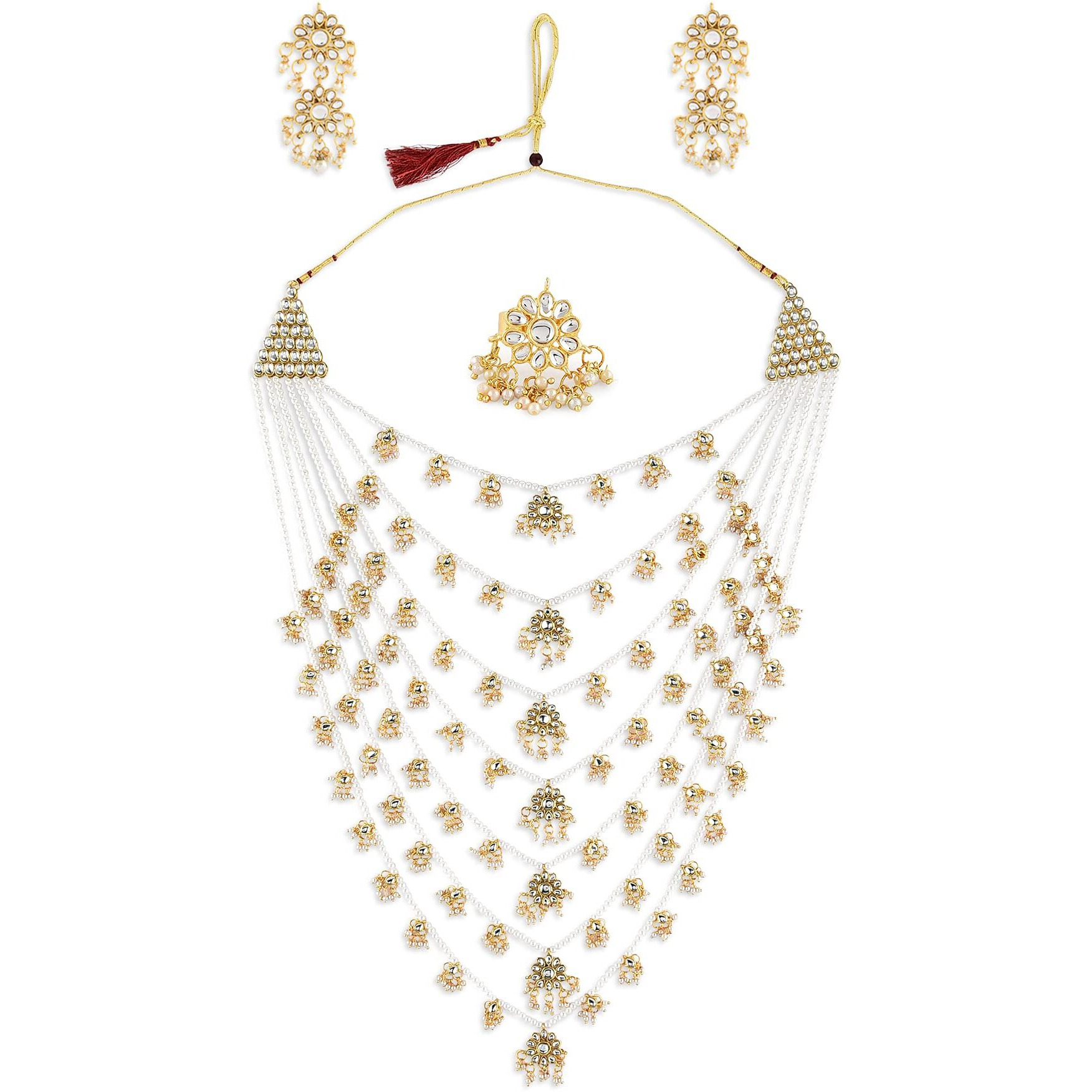 ZAVERI PEARLS Gold Tone Layered Kundan Bridal Long Necklace Earring & Ring Set For Women-ZPFK10817