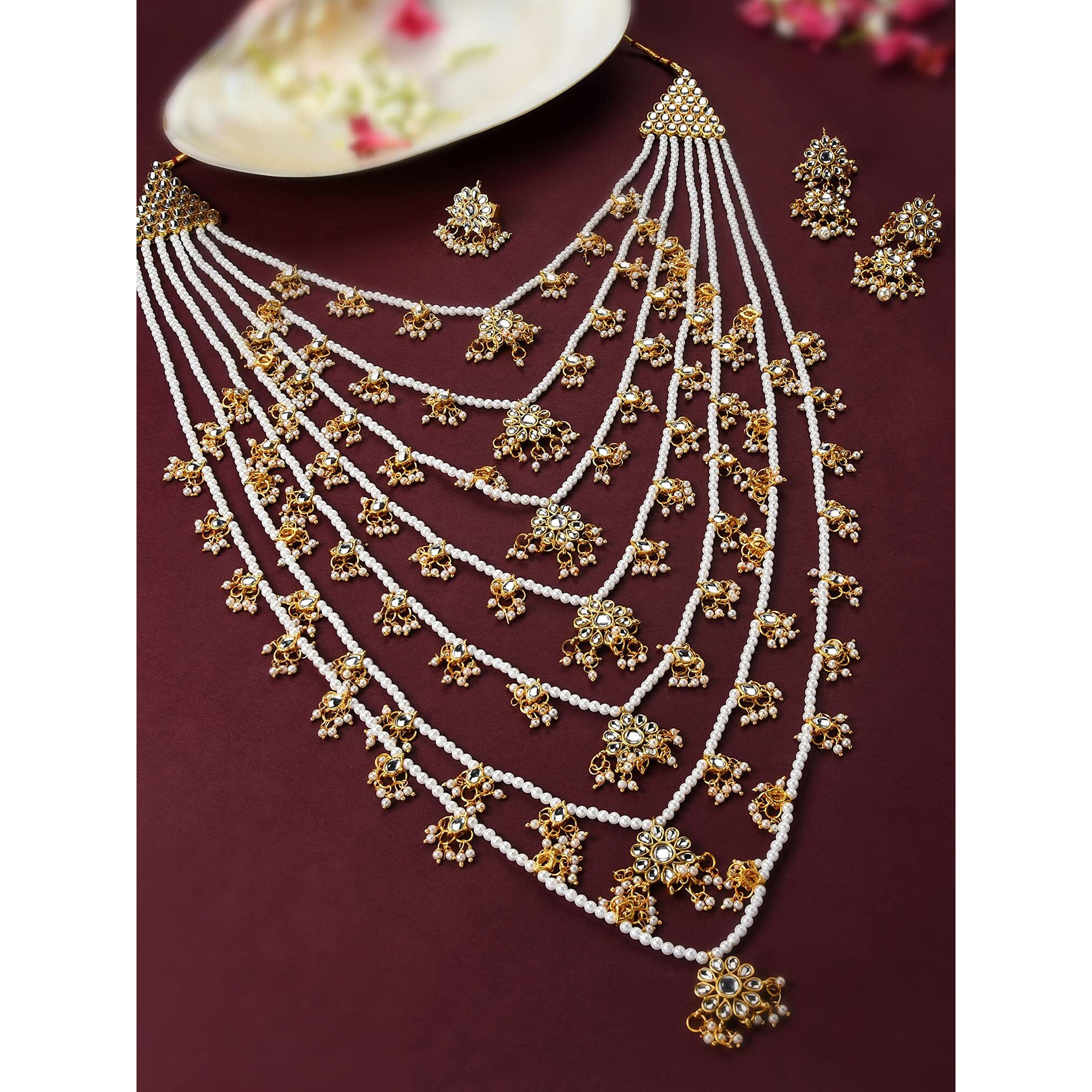 ZAVERI PEARLS Gold Tone Layered Kundan Bridal Long Necklace Earring & Ring Set For Women-ZPFK10817