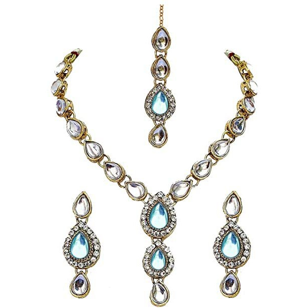 Lucky Jewellery 1-Line Ferozi Colour Kundan Set (MSK-1-LINE-F)