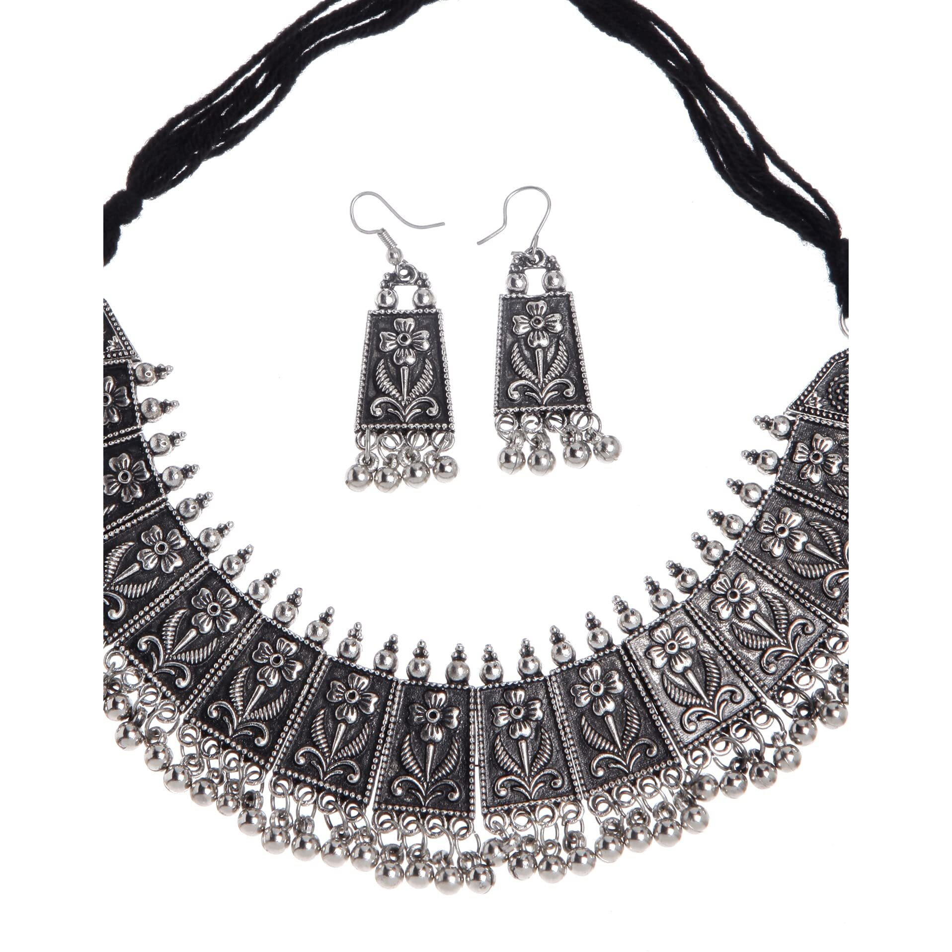Shining Diva Fashion Latest Stylish Traditional Oxidised Silver Necklace Jewellery Set for Women (13122s)