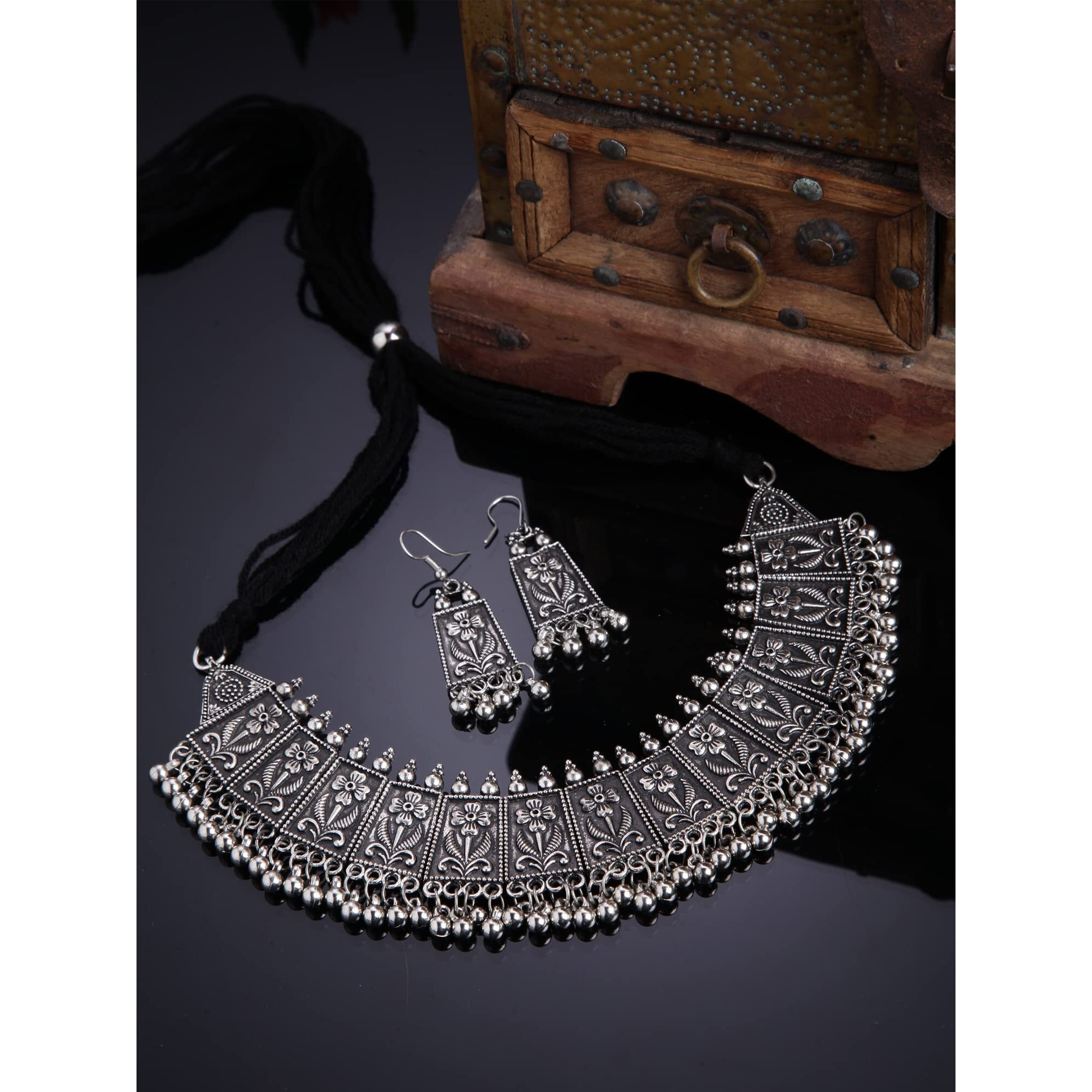Shining Diva Fashion Latest Stylish Traditional Oxidised Silver Necklace Jewellery Set for Women (13122s)
