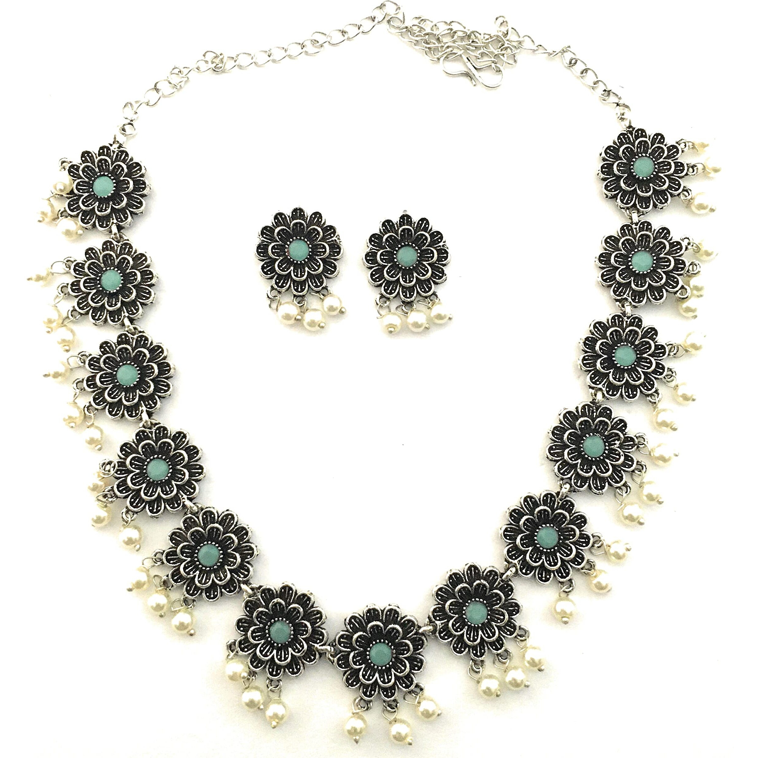 Sasitrends Oxidized Pearl German Silver Stone Studded Jewellery Necklace Set for Women and Girls