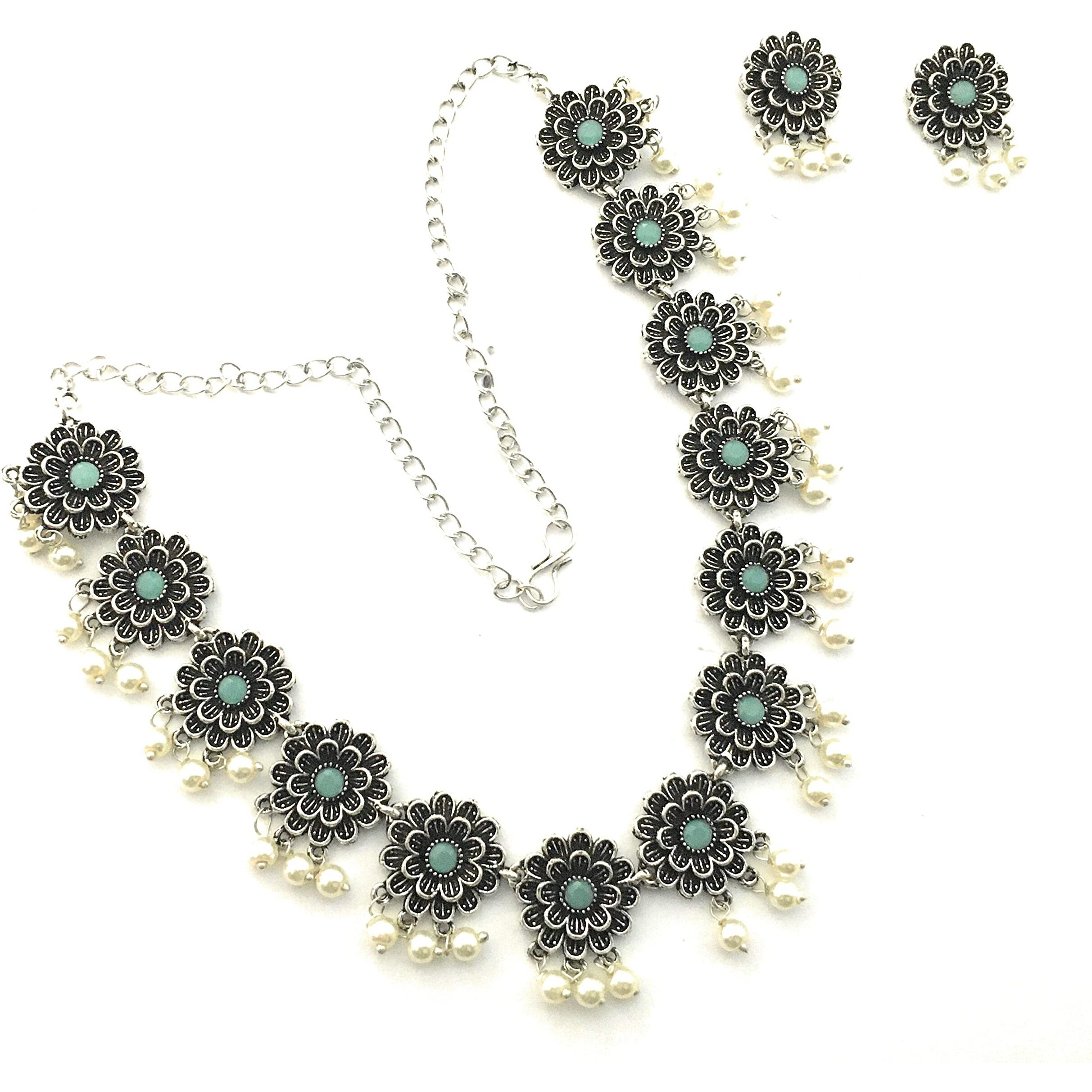 Sasitrends Oxidized Pearl German Silver Stone Studded Jewellery Necklace Set for Women and Girls