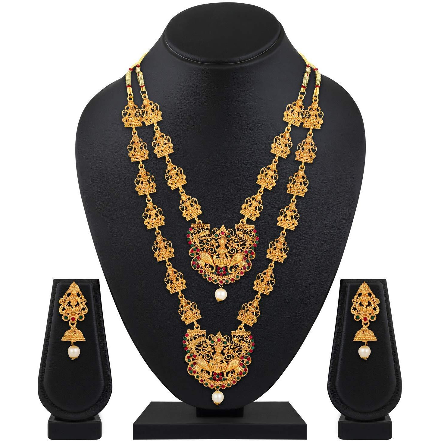 Shining Diva Fashion Latest Combo Design Temple Necklace Set for Women Traditional Gold Plated Jewellery Set for Women (Multicolor) (10642s)