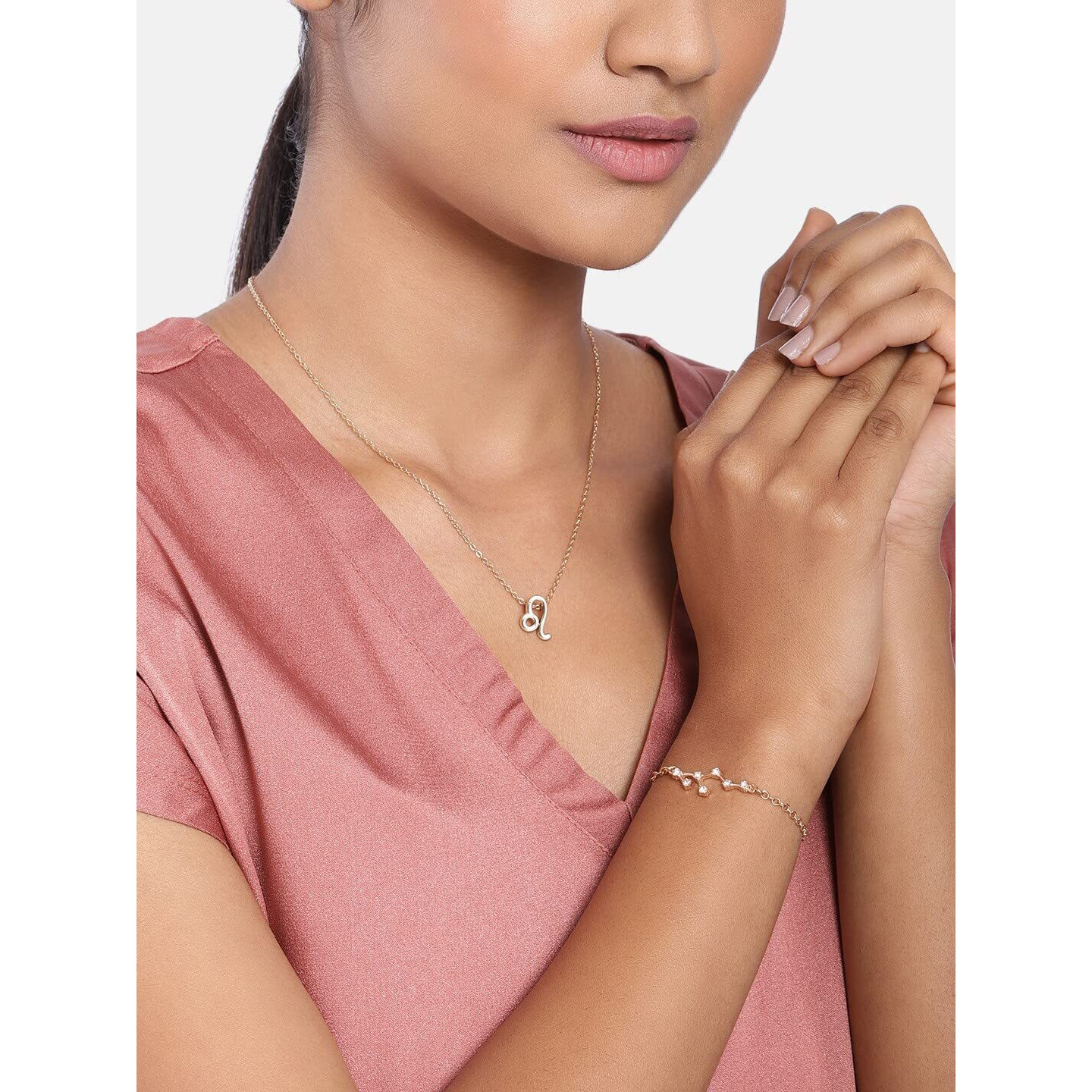 Peora Womens Leo Horoscope Zodiac Sign Pendant Necklace and Bracelet Combo Set (Gold)
