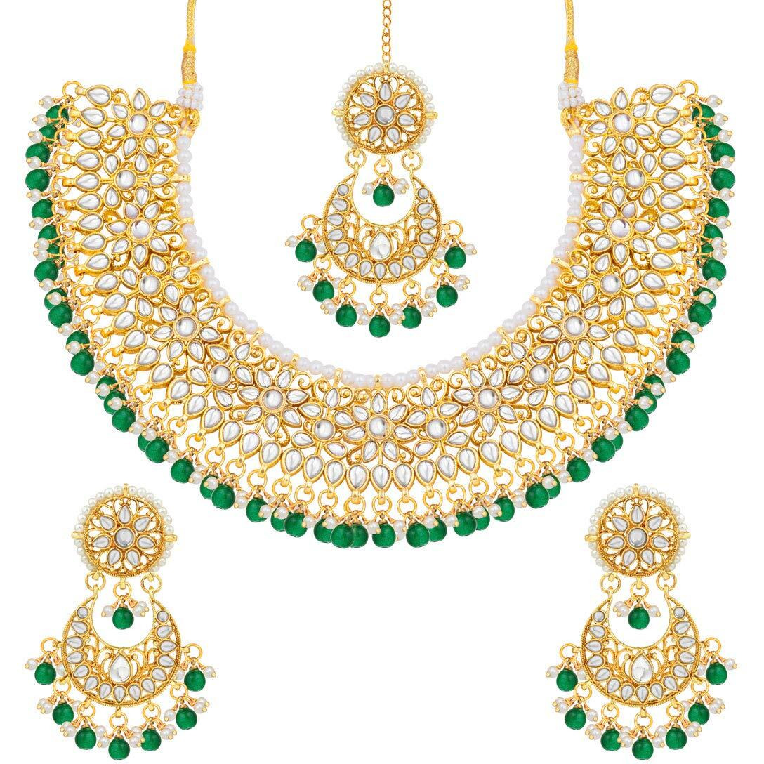 Peora Gold Plated Kundan Choker Necklace Earrings with Maang Tikka Jewellery Set for Women