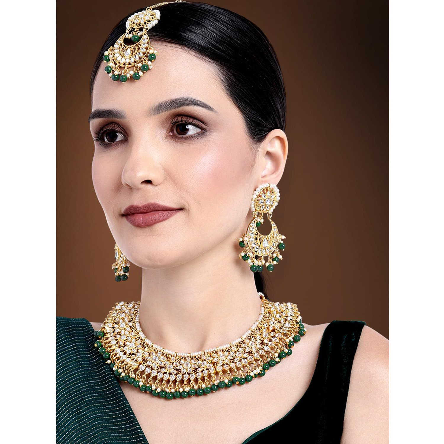 Peora Gold Plated Kundan Choker Necklace Earrings with Maang Tikka Jewellery Set for Women