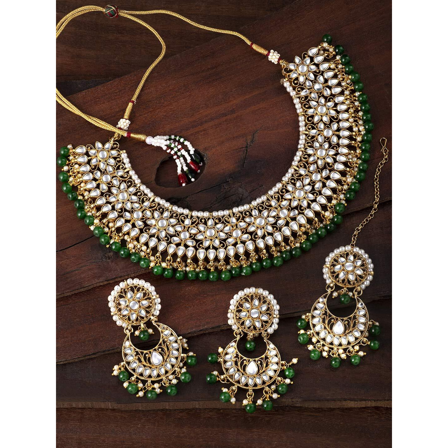 Peora Gold Plated Kundan Choker Necklace Earrings with Maang Tikka Jewellery Set for Women