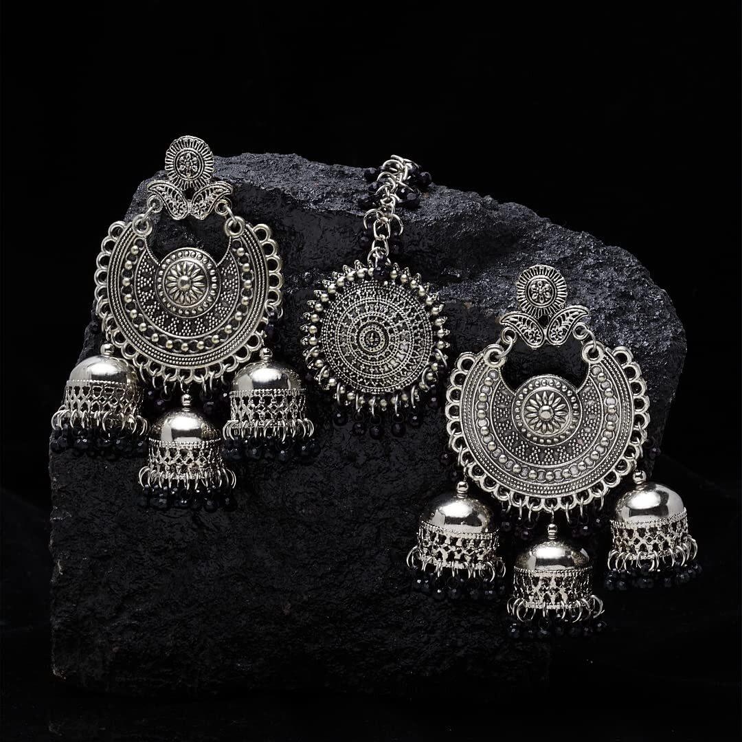 Shining Diva Fashion Latest Oxidised Silver Antique Design Stylish Traditional Maang Tikka Jhumka Earrings Jewellery Set for Women (Black) (12029s)