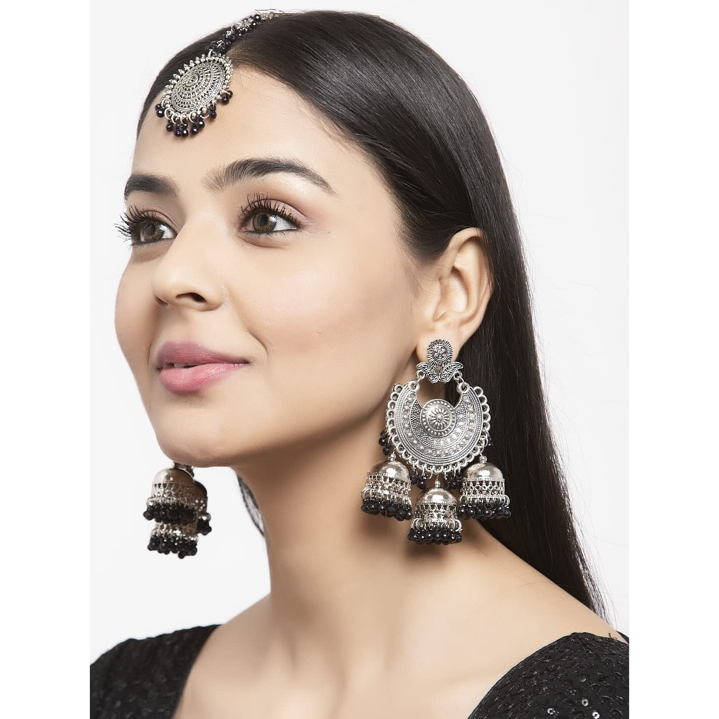 Shining Diva Fashion Latest Oxidised Silver Antique Design Stylish Traditional Maang Tikka Jhumka Earrings Jewellery Set for Women (Black) (12029s)