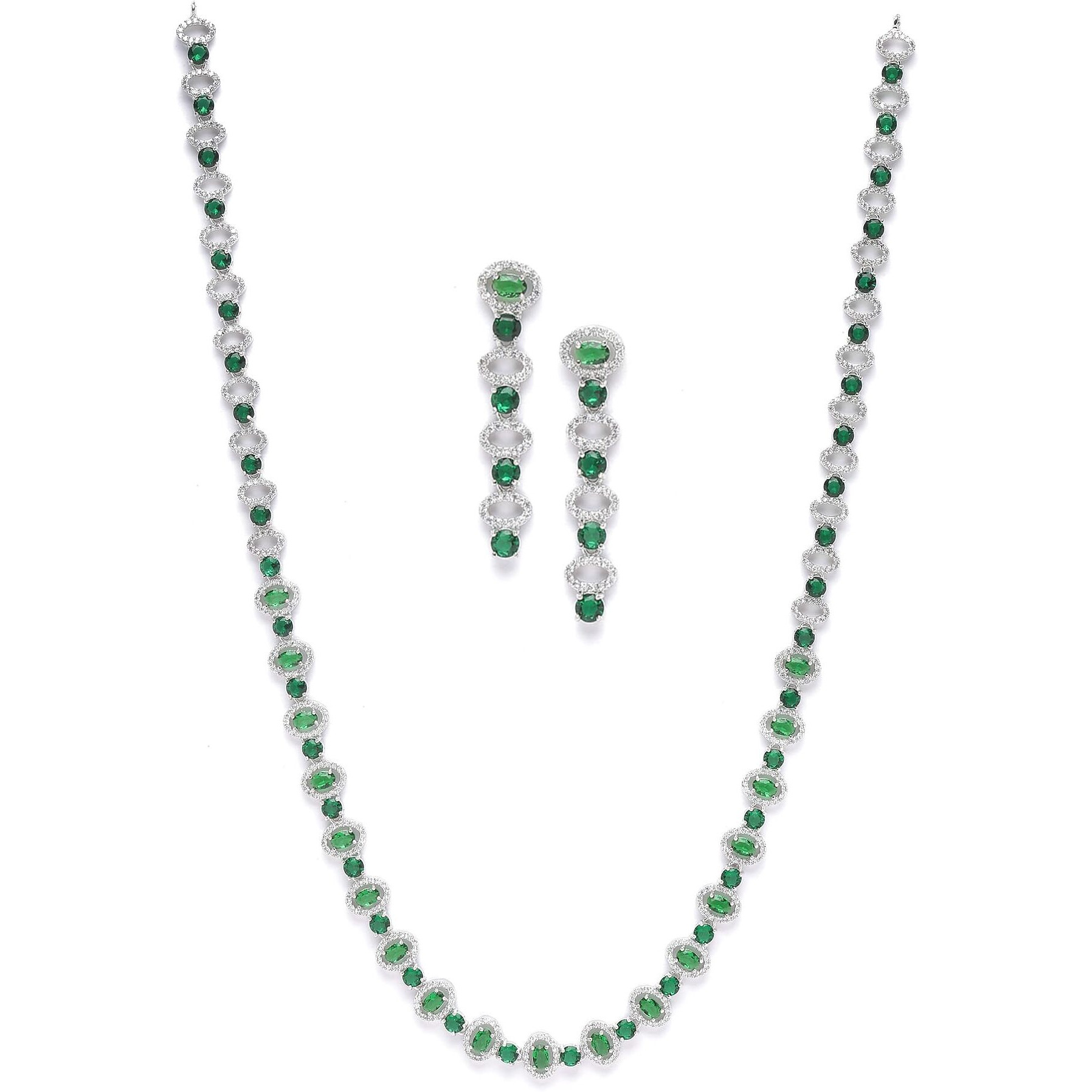 ZENEME Rhodium-Plated Silver Toned Oval American Diamond Long Necklace Earrings Jewellery Set for Girls and Women (Green)