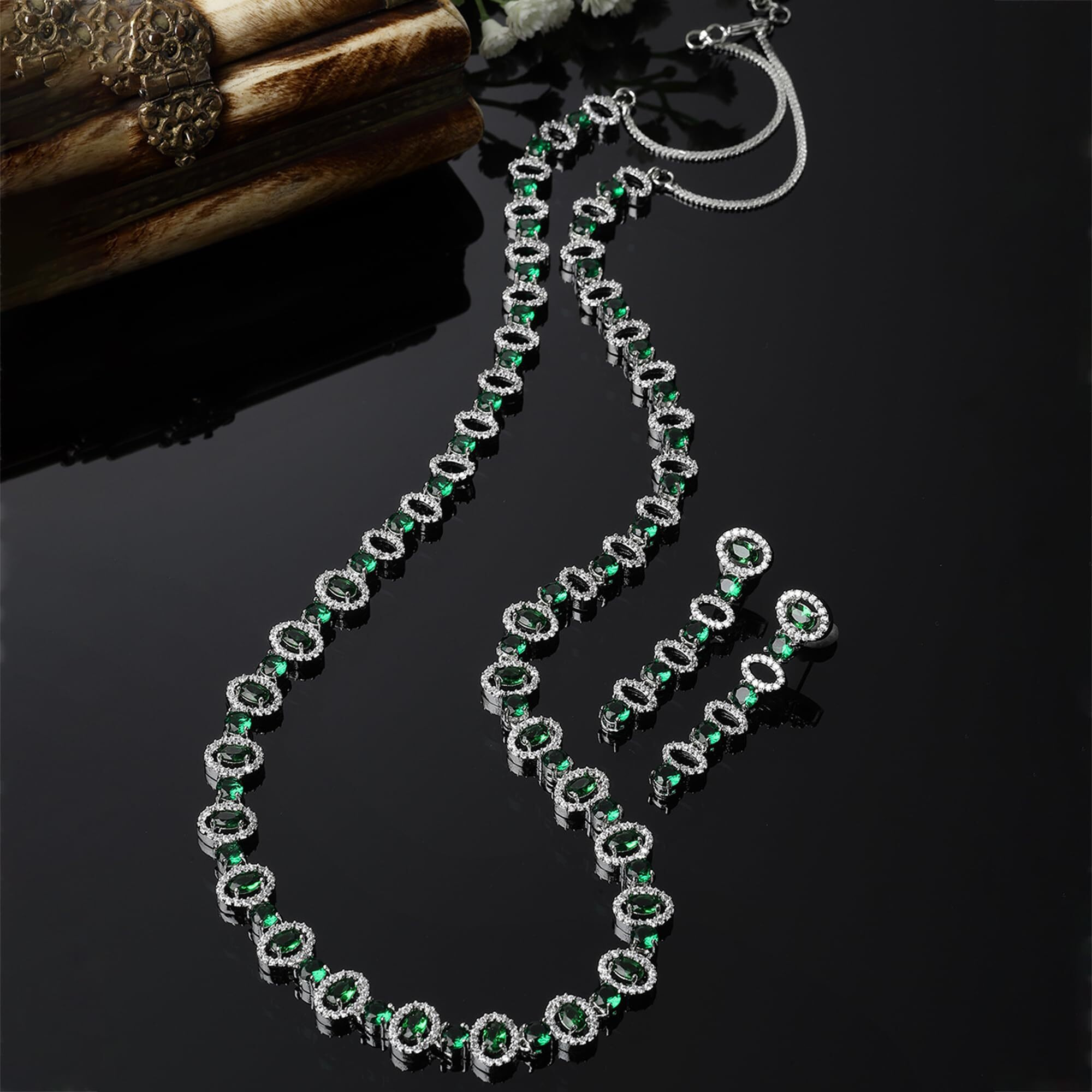 ZENEME Rhodium-Plated Silver Toned Oval American Diamond Long Necklace Earrings Jewellery Set for Girls and Women (Green)