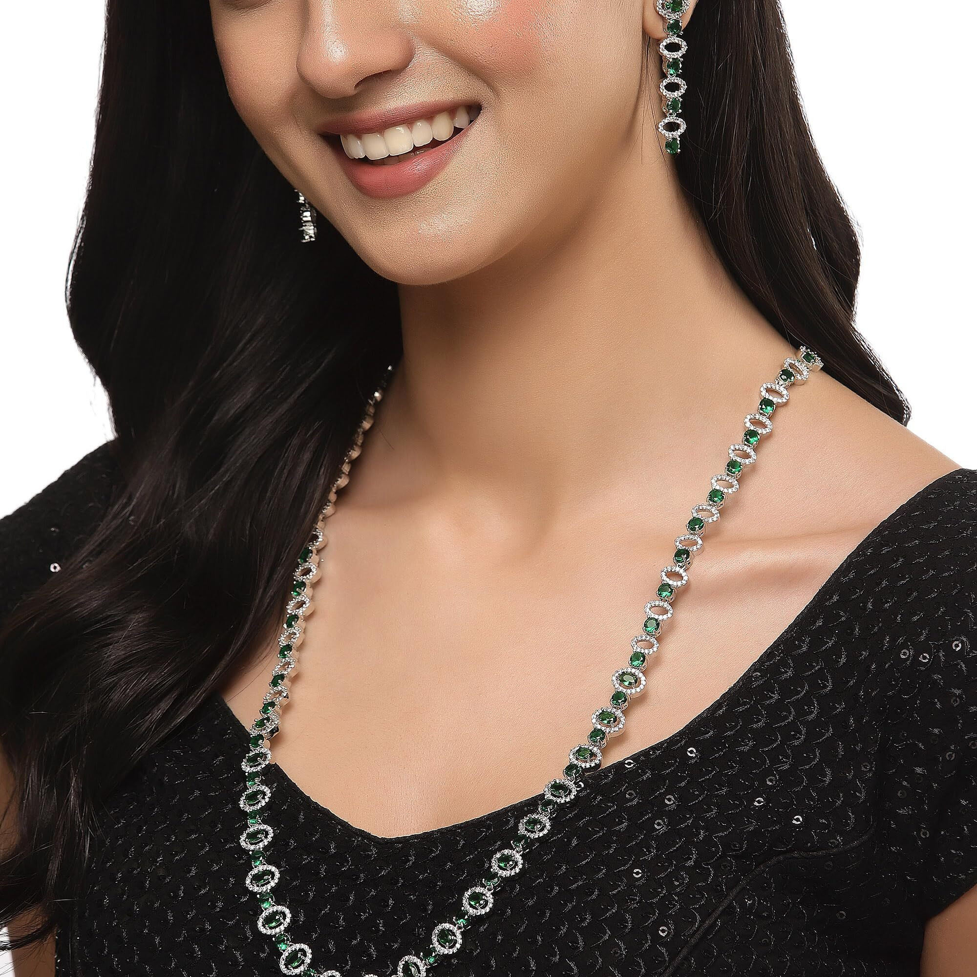ZENEME Rhodium-Plated Silver Toned Oval American Diamond Long Necklace Earrings Jewellery Set for Girls and Women (Green)