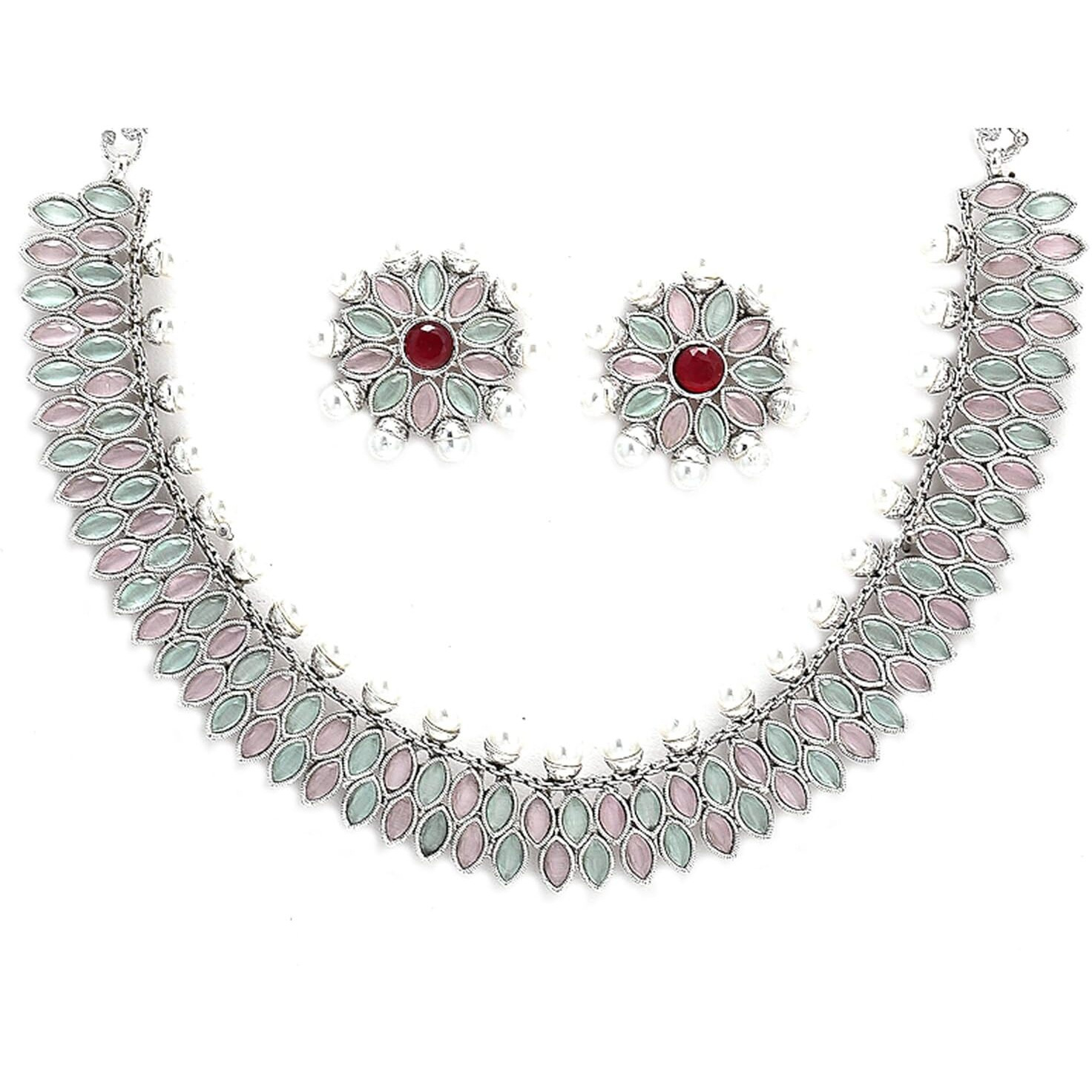 ZENEME Oxidised Silver-Plated Leaf Shaped American Diamond & Pearl Studded Necklace Earrings Jewellery Set for Girls and Women (White) (Style_04)
