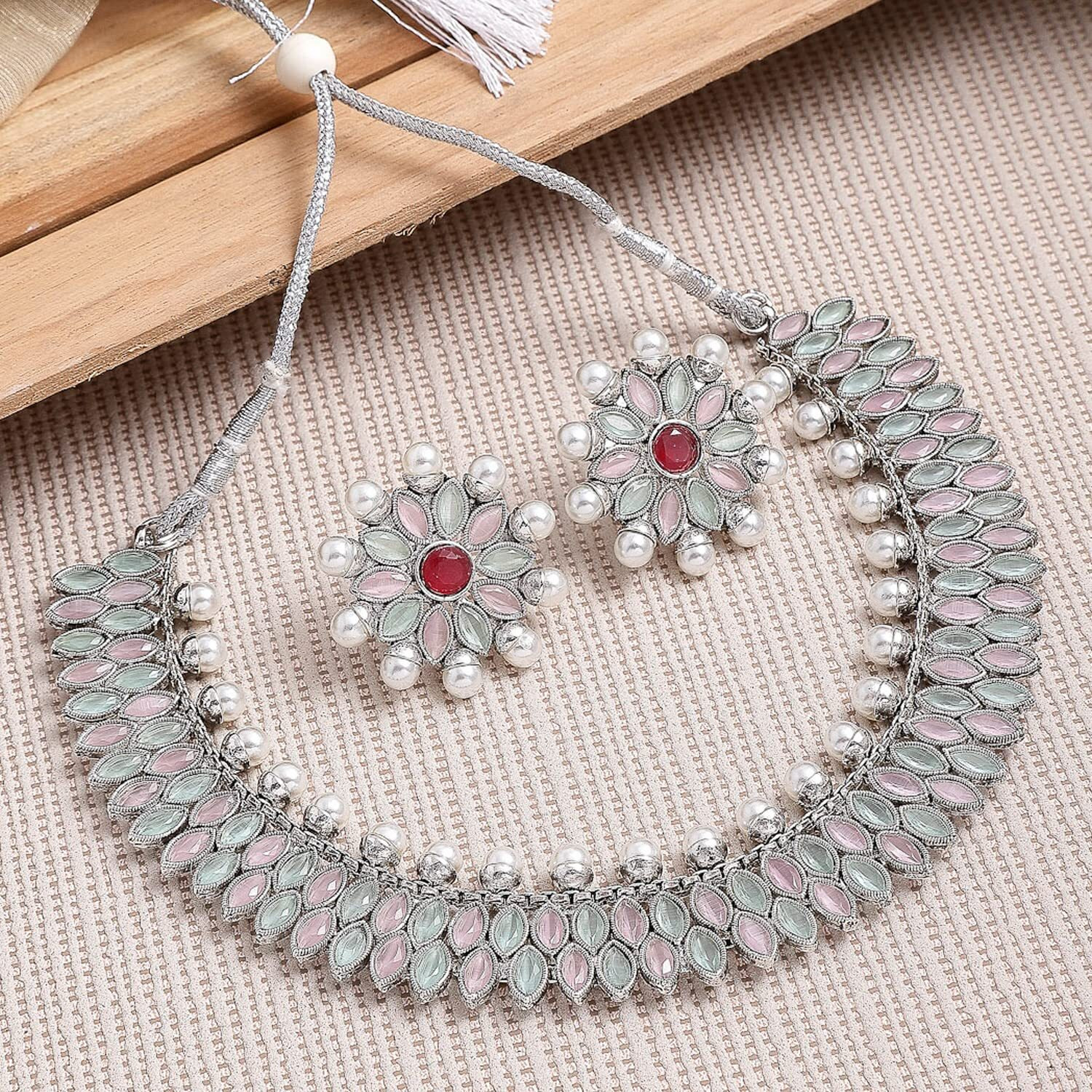 ZENEME Oxidised Silver-Plated Leaf Shaped American Diamond & Pearl Studded Necklace Earrings Jewellery Set for Girls and Women (White) (Style_04)