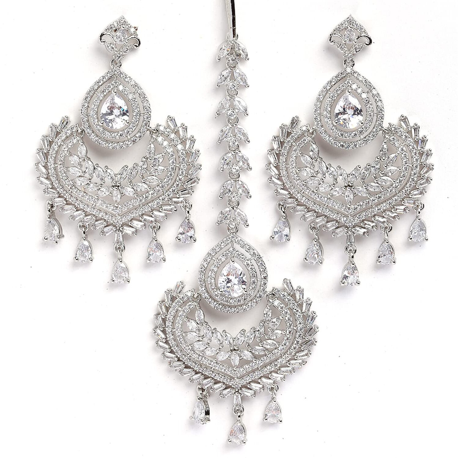 ZENEME Stylish Shiny Round Design Rodhium-Plated Maang Tikka Earring Set Jewellery For Women and Girls (Design 7)