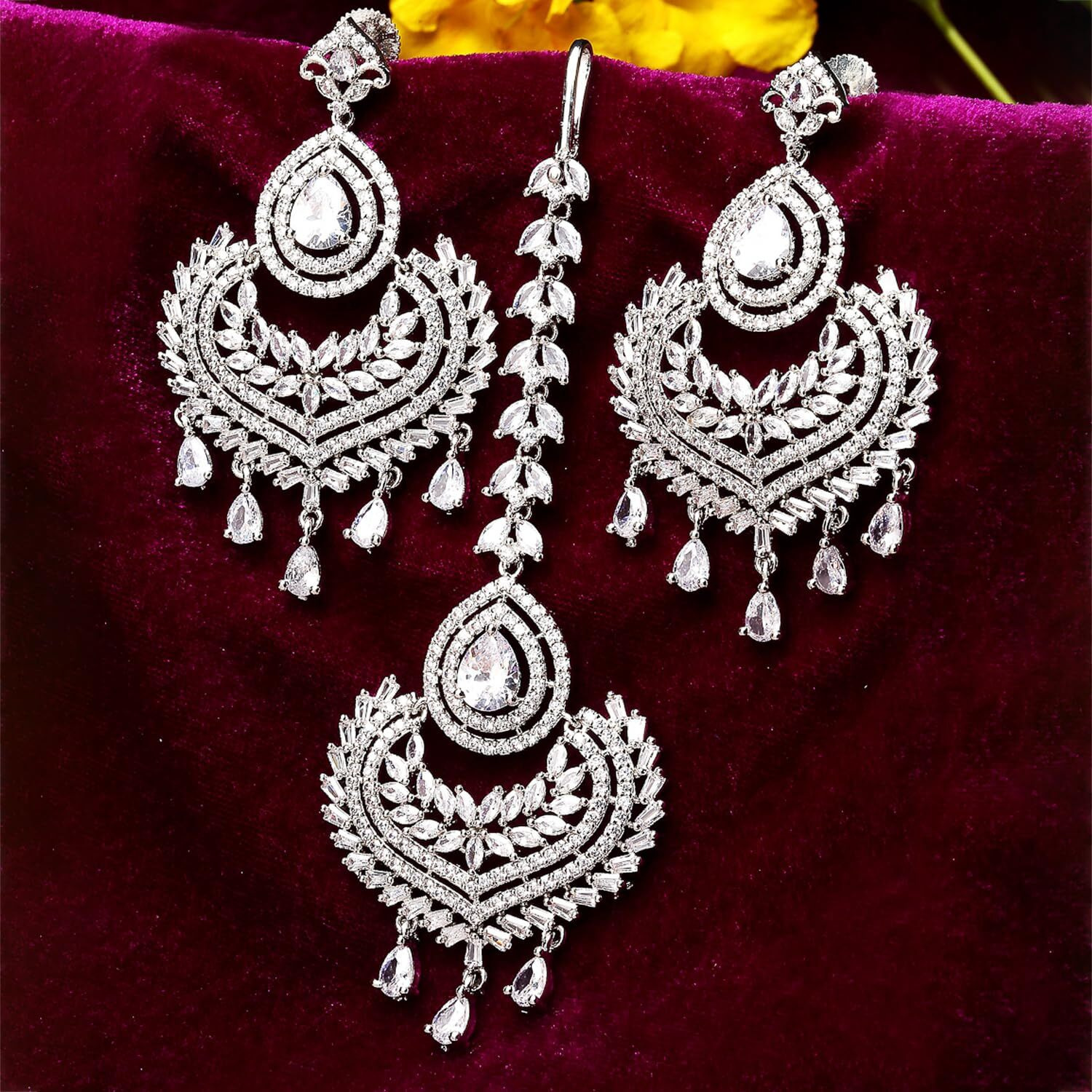 ZENEME Stylish Shiny Round Design Rodhium-Plated Maang Tikka Earring Set Jewellery For Women and Girls (Design 7)
