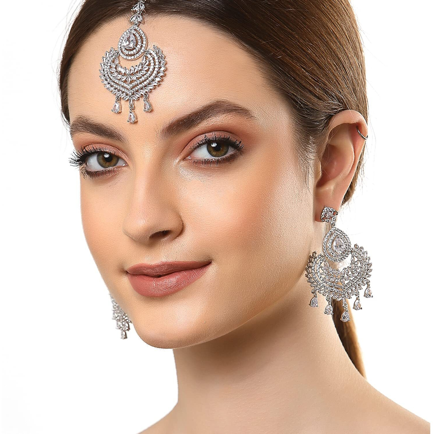 ZENEME Stylish Shiny Round Design Rodhium-Plated Maang Tikka Earring Set Jewellery For Women and Girls (Design 7)