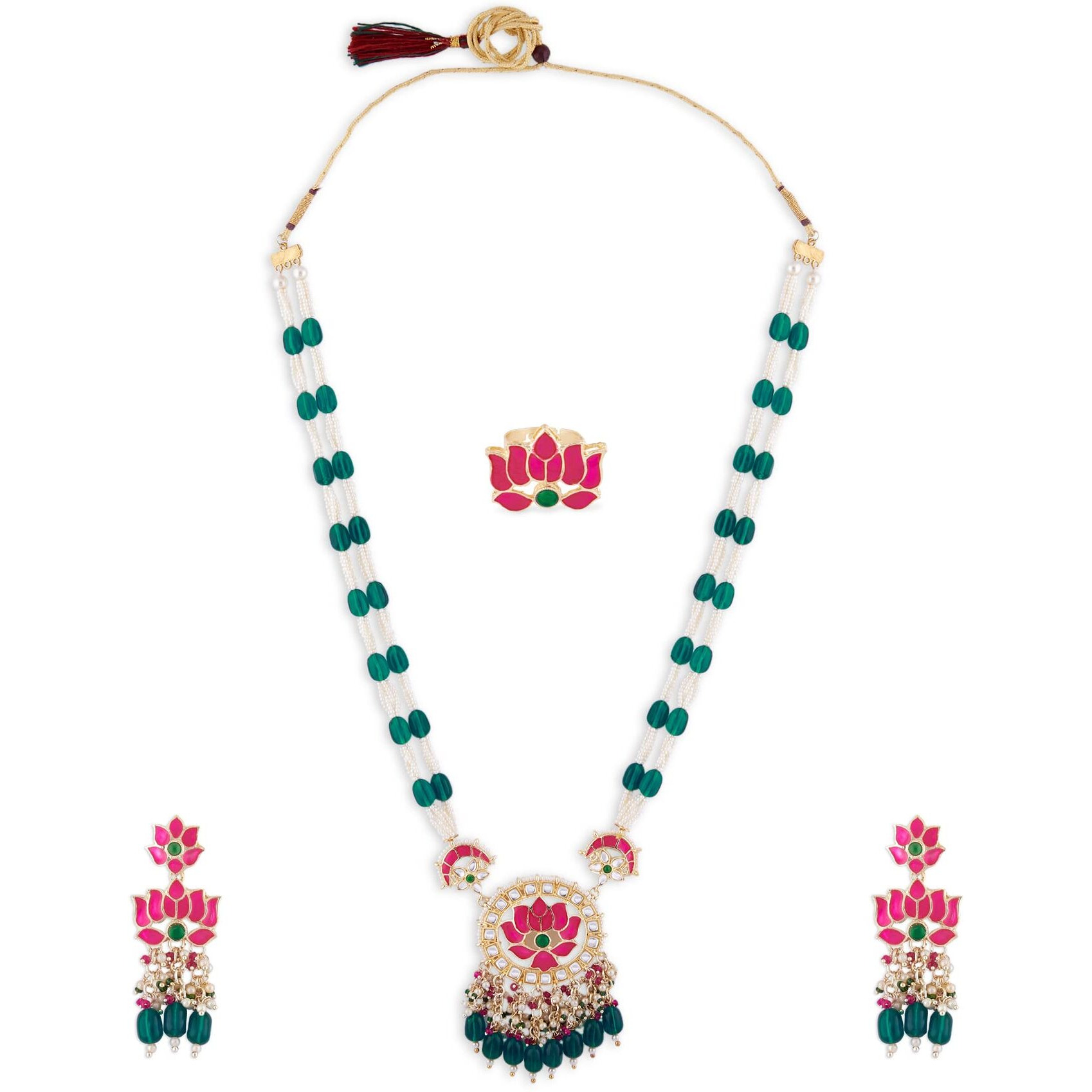 ZAVERI PEARLS Green & Pink Meenakari Lotus Design Long Necklace Earring & Ring Set For Women-ZPFK14812