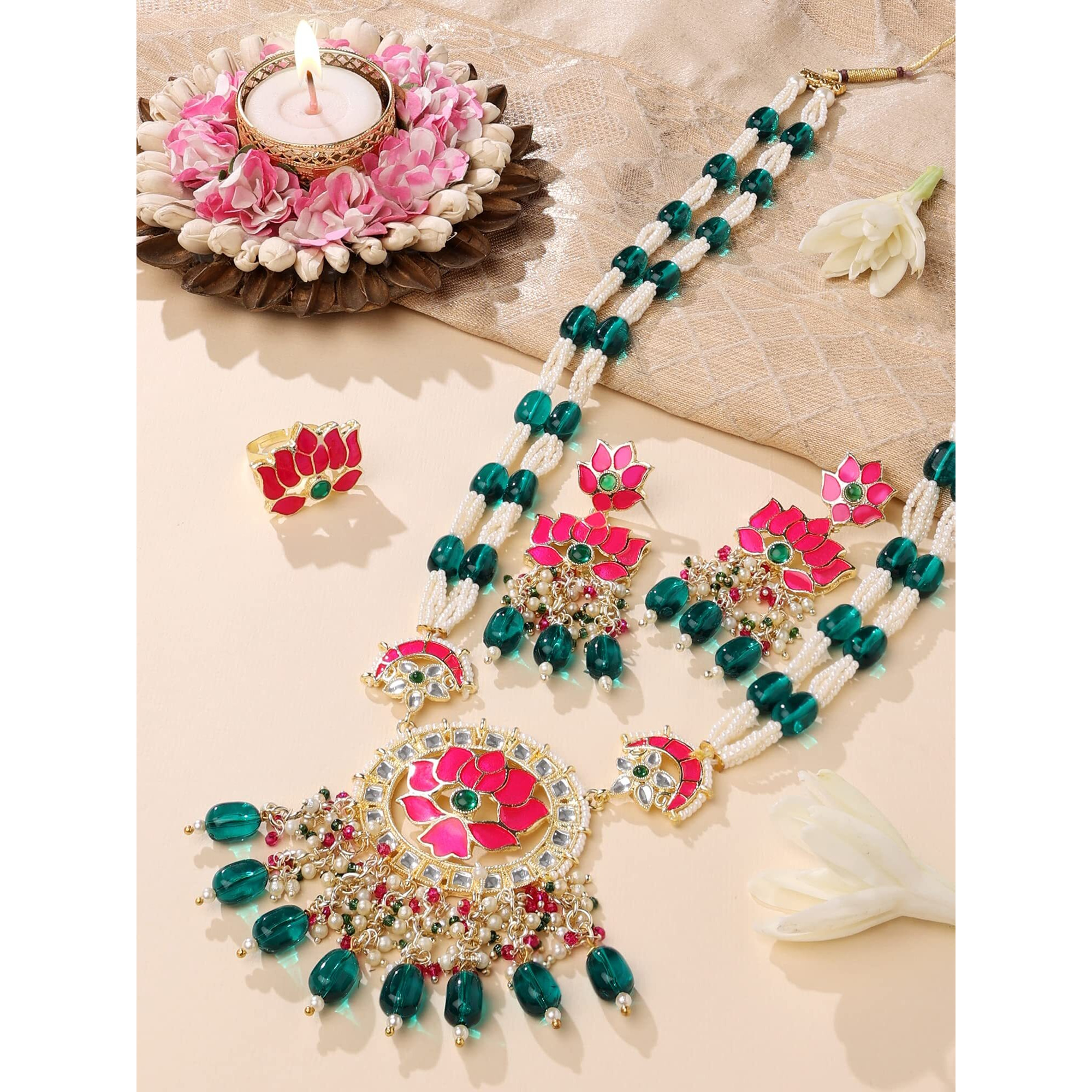 ZAVERI PEARLS Green & Pink Meenakari Lotus Design Long Necklace Earring & Ring Set For Women-ZPFK14812