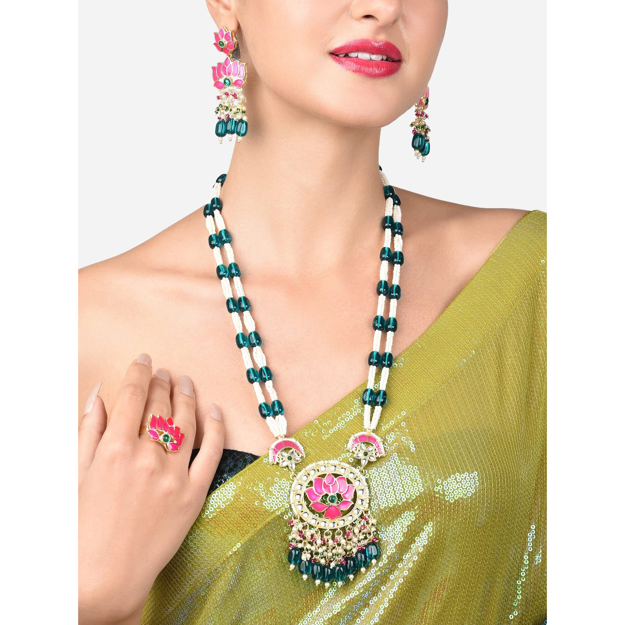 ZAVERI PEARLS Green & Pink Meenakari Lotus Design Long Necklace Earring & Ring Set For Women-ZPFK14812