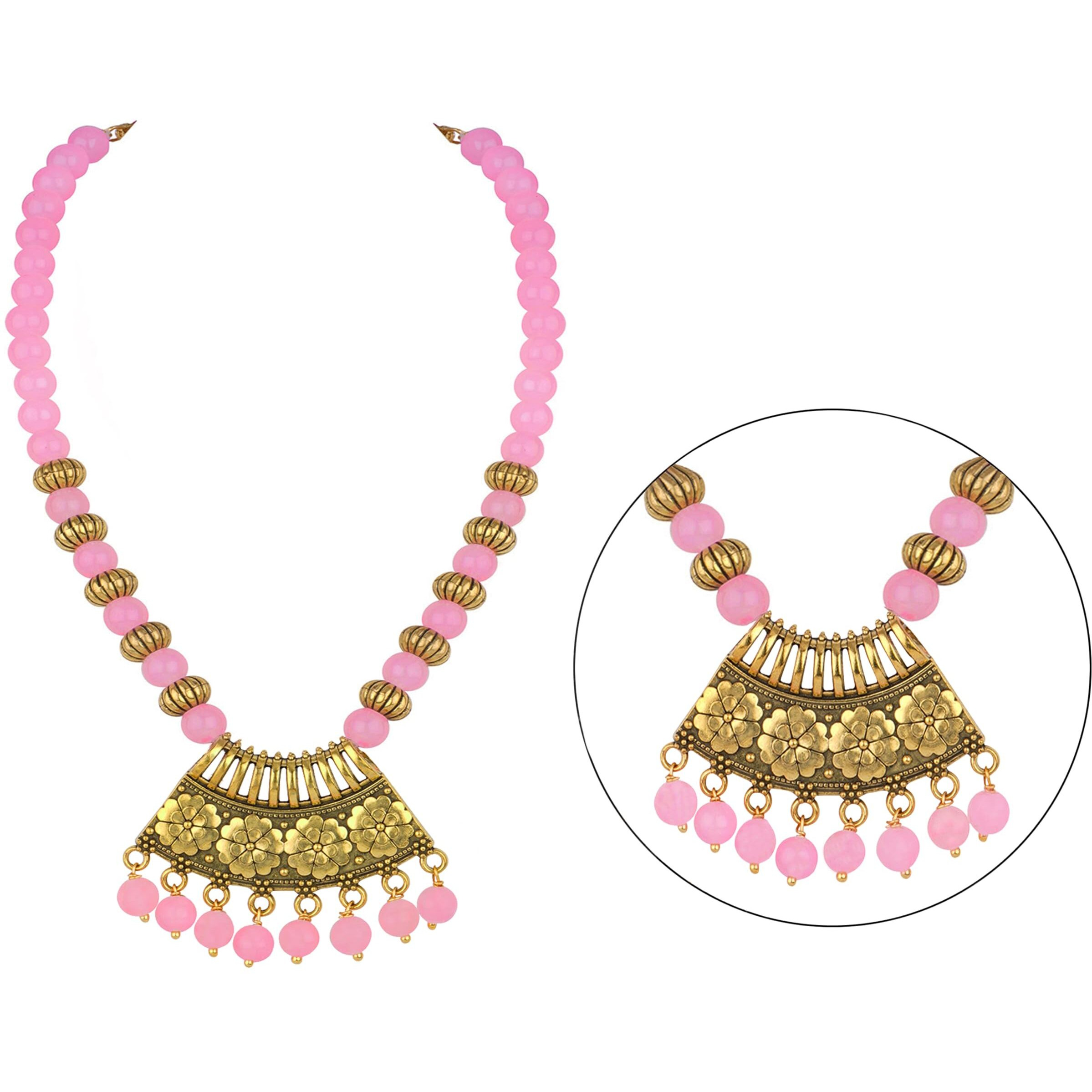 JFL - Jewellery for Less Gold Plated Antique Semi-Circle Pendant Beaded Tribal Necklace Set for Women and Girls (Light Baby Pink)