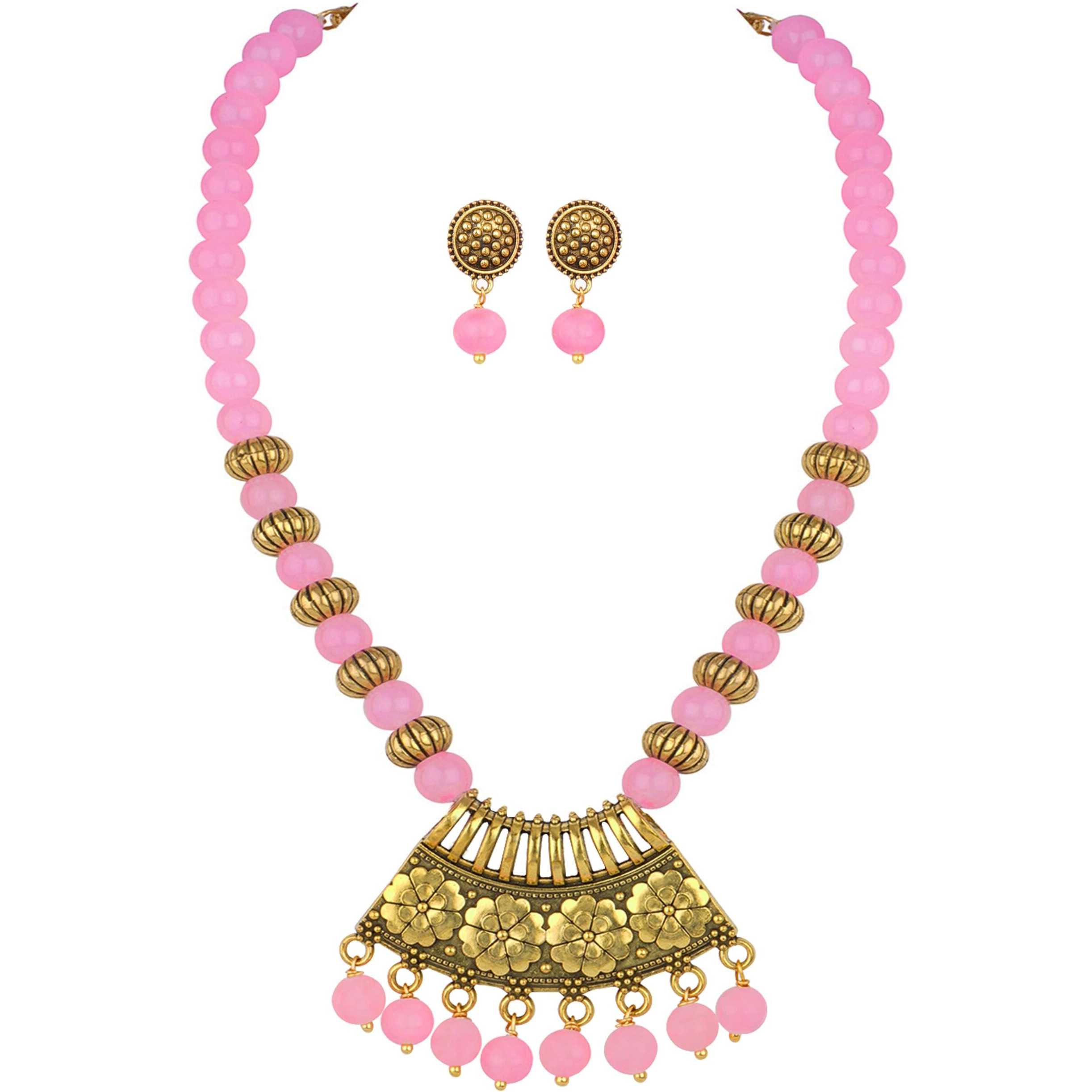 JFL - Jewellery for Less Gold Plated Antique Semi-Circle Pendant Beaded Tribal Necklace Set for Women and Girls (Light Baby Pink)