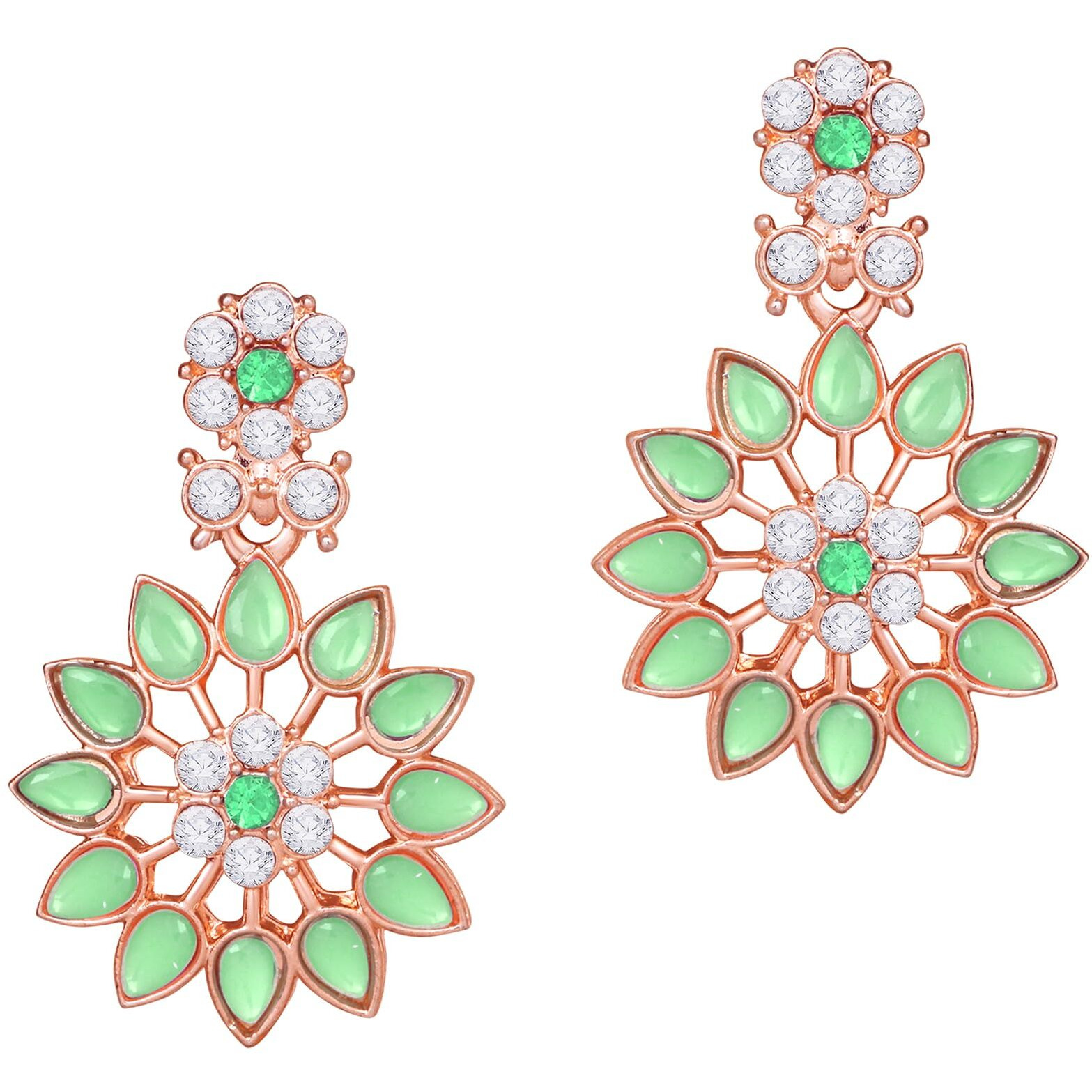 Atasi International Rose Gold Plated Mint Green Crystal Necklace with Earrings and Maang Tikka for Women - Jewellery Set for Party, Wedding, Engagement (LG5744)