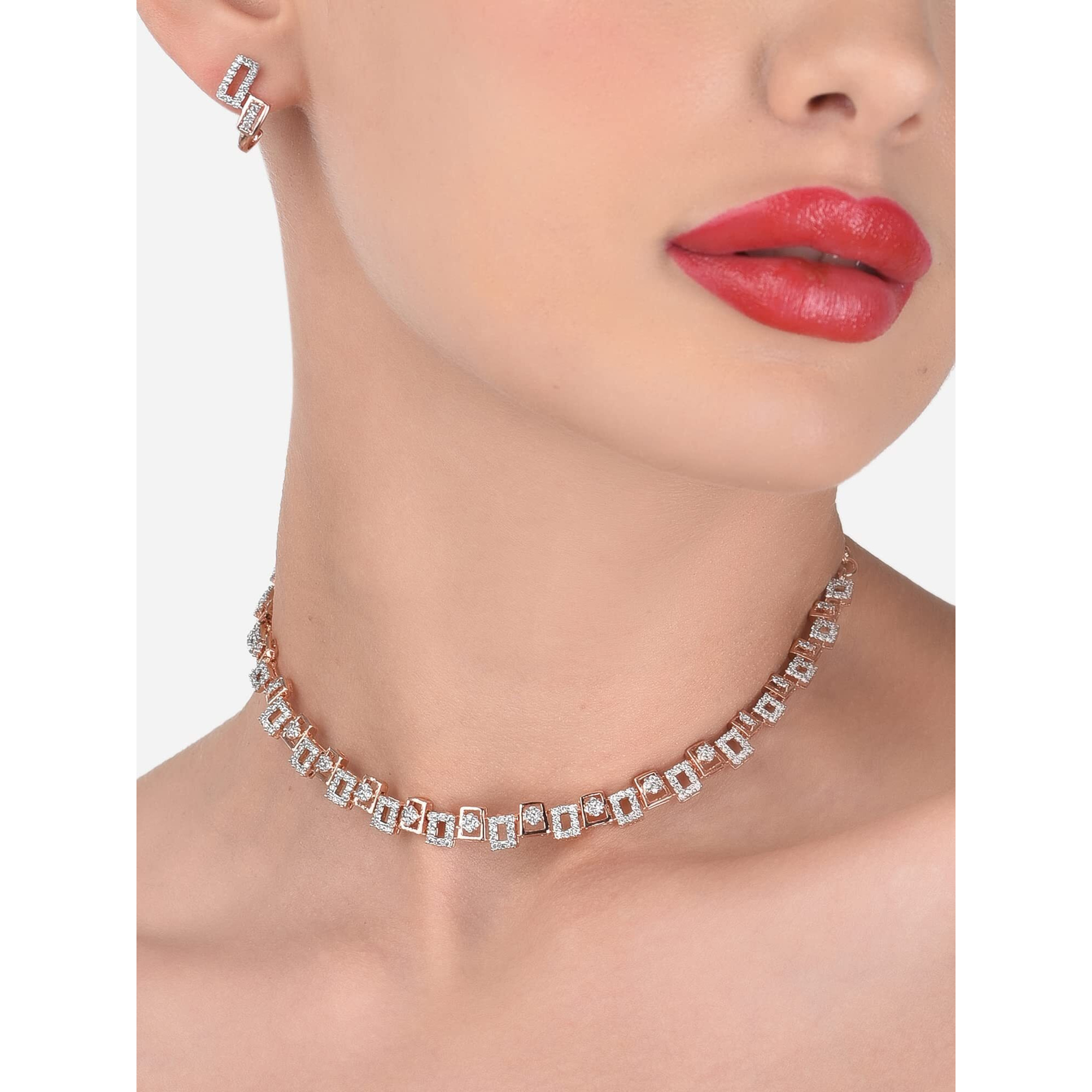 ZAVERI PEARLS Rose Gold Dazzling Cubic Zirconia Necklace & Earring Set For Women-ZPFK15248