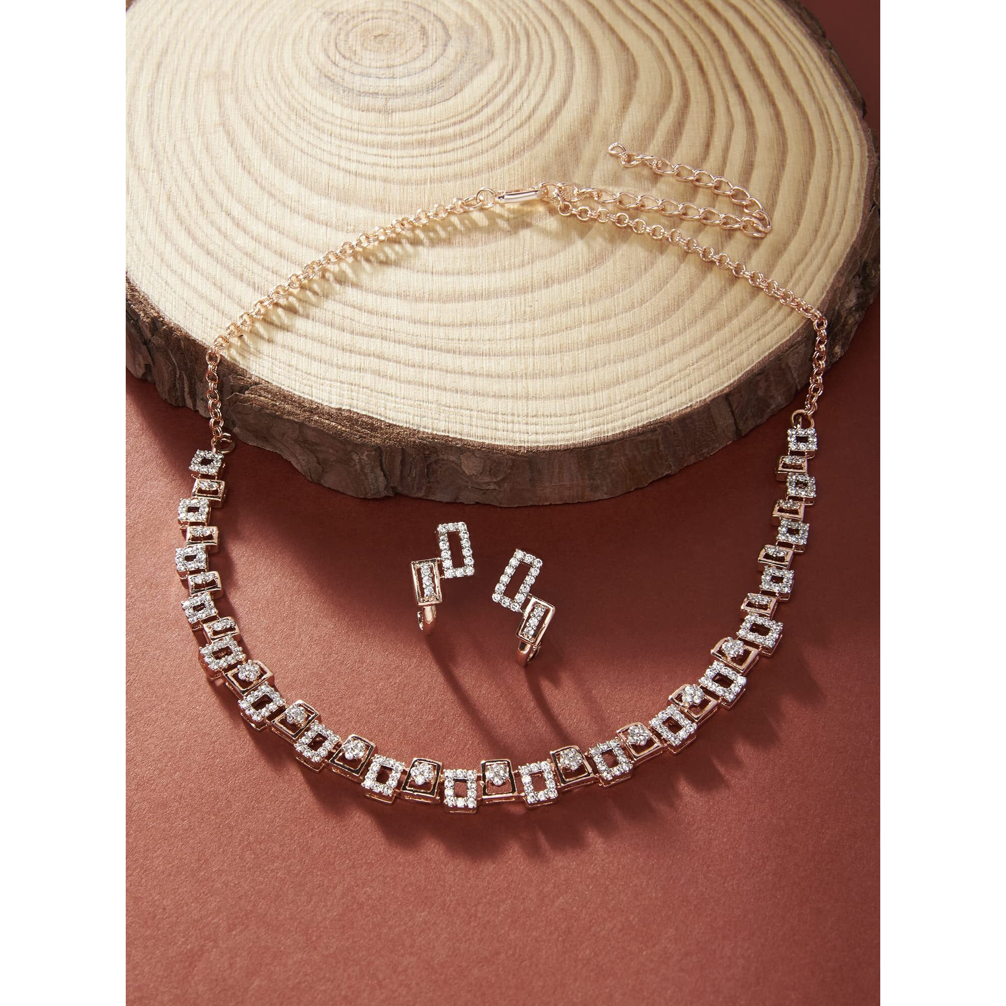 ZAVERI PEARLS Rose Gold Dazzling Cubic Zirconia Necklace & Earring Set For Women-ZPFK15248