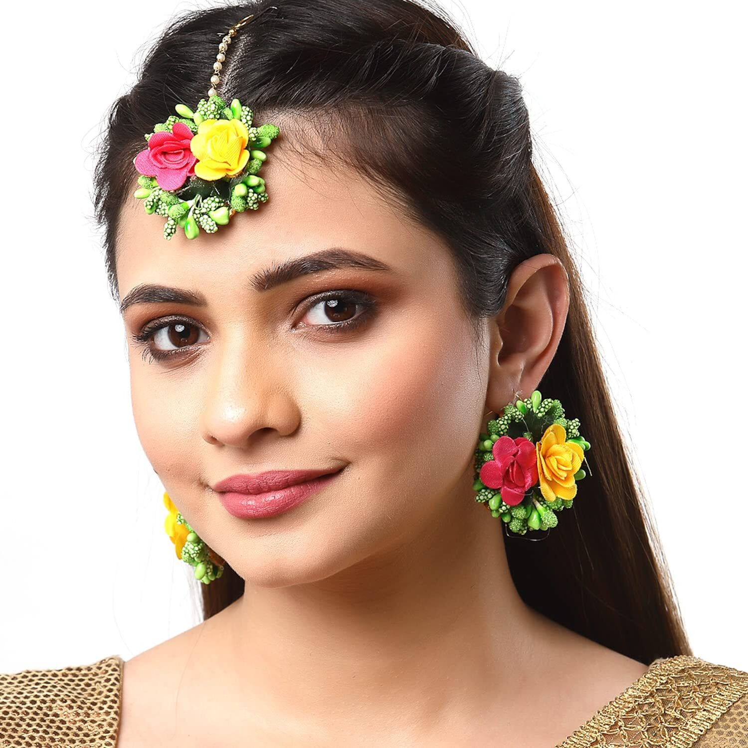 ZENEME Gold-Plated Pearl & Gota Patti Flower Haldi Mehandi MaangTikka with Earrings (Red Yellow)