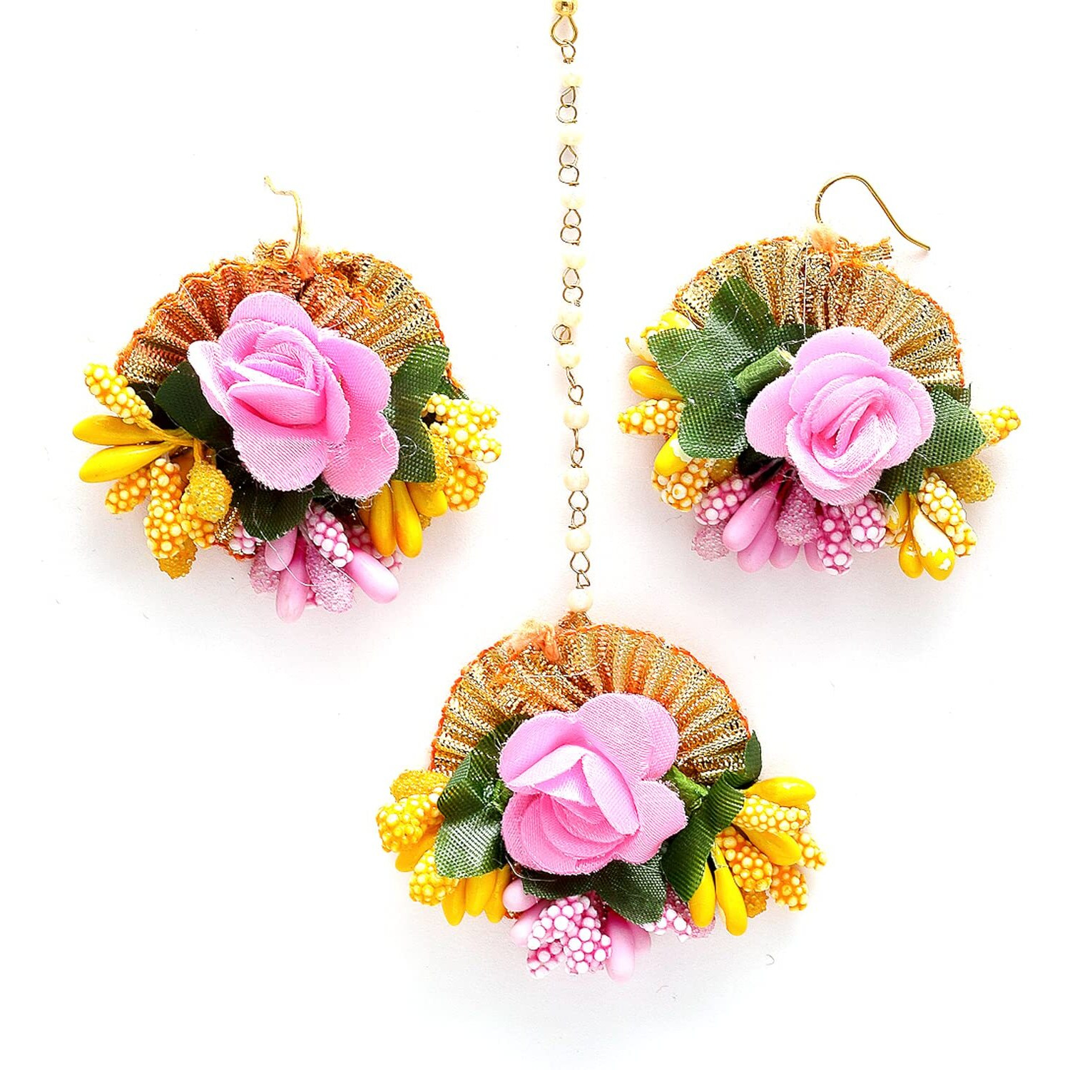 ZENEME Gold-Plated Pearl & Gota Patti Flower Haldi Mehandi MaangTikka with Earrings (Pink Yellow)
