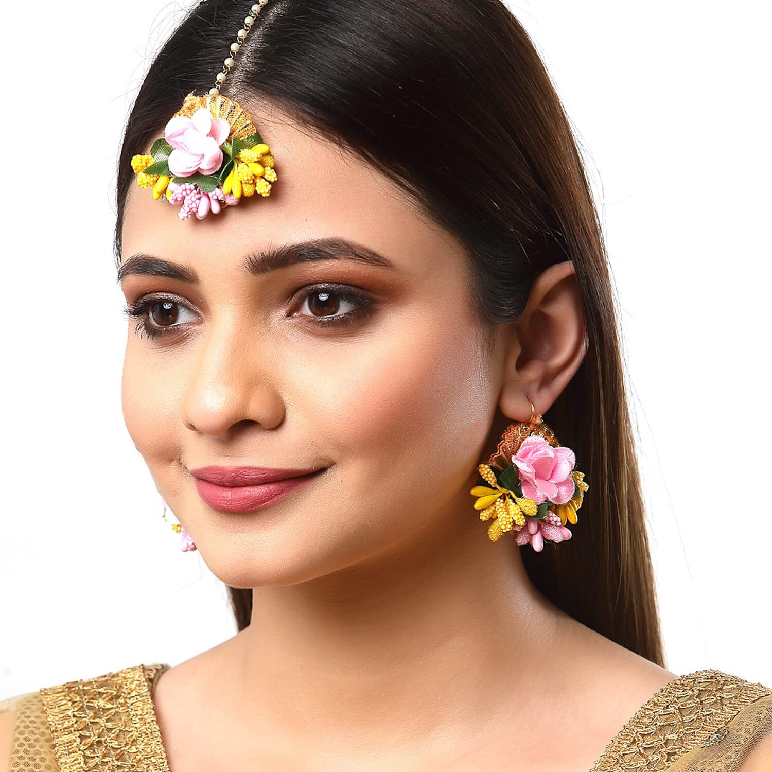 ZENEME Gold-Plated Pearl & Gota Patti Flower Haldi Mehandi MaangTikka with Earrings (Pink Yellow)