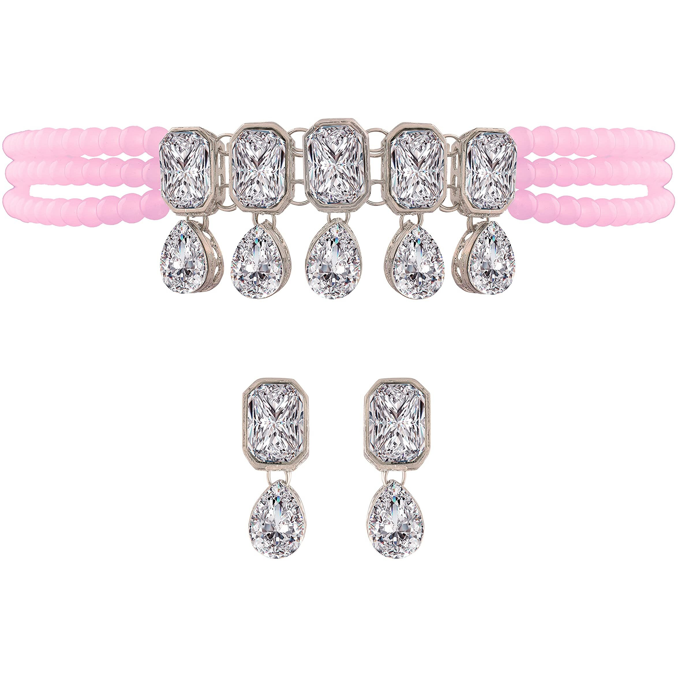 I Jewels 18K Rhodium Plated Traditional Crystal Stone Studded Pearl Choker Necklace Jewellery Set with Earrings For Women/Girls (ML249ZPi)
