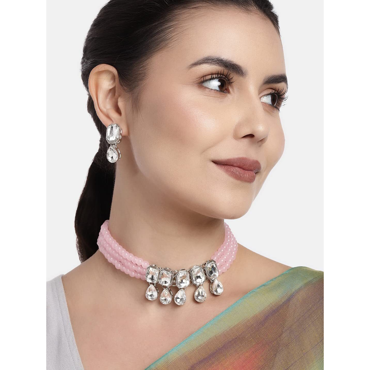 I Jewels 18K Rhodium Plated Traditional Crystal Stone Studded Pearl Choker Necklace Jewellery Set with Earrings For Women/Girls (ML249ZPi)